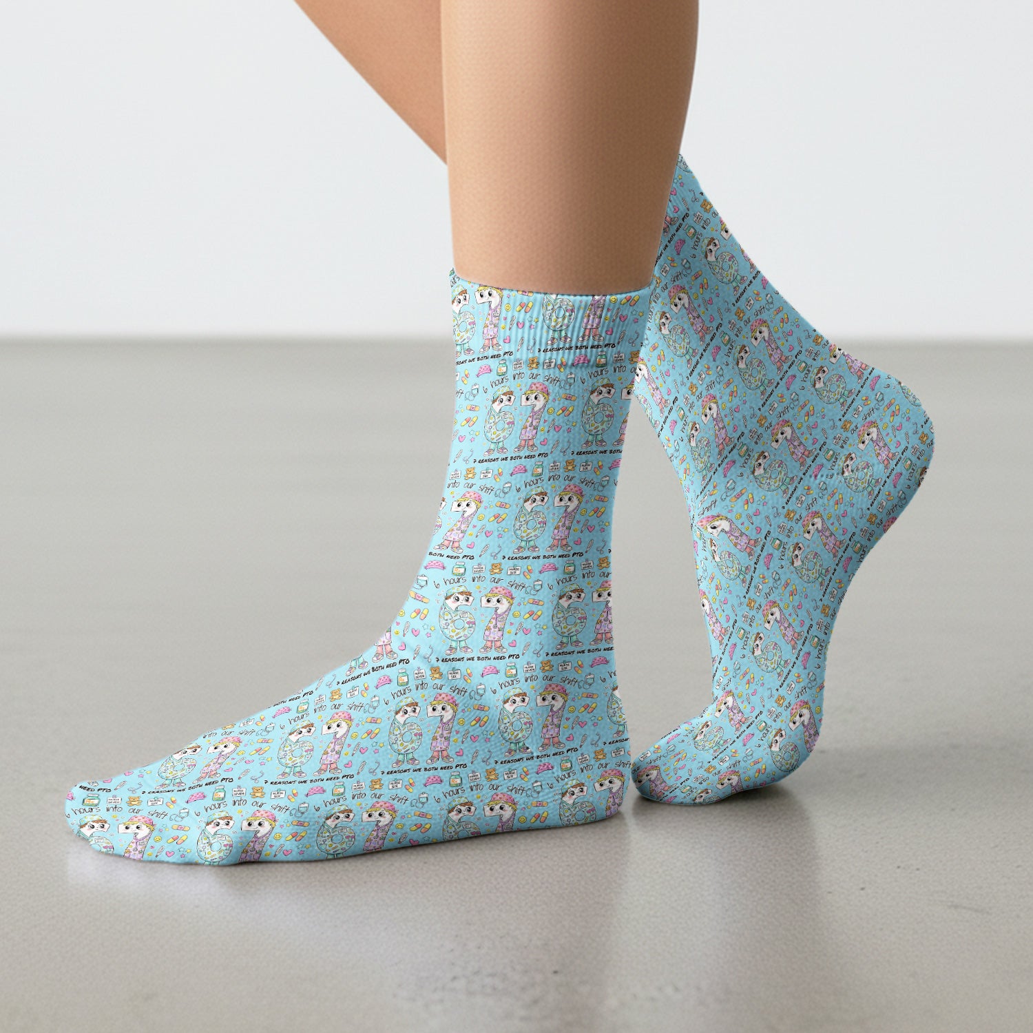Cartoon Characters Six Hours Into Shift With Medical Doodle Socks, Breathable Fabrics Medical Uniform