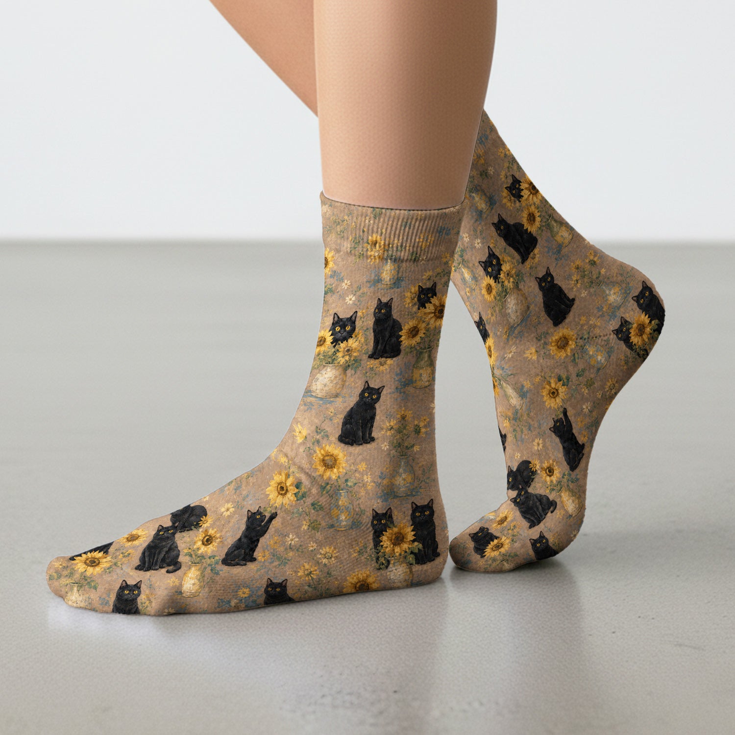 Rustic Sunflower Black Cat Print Socks, Adult Socks for Men and Women