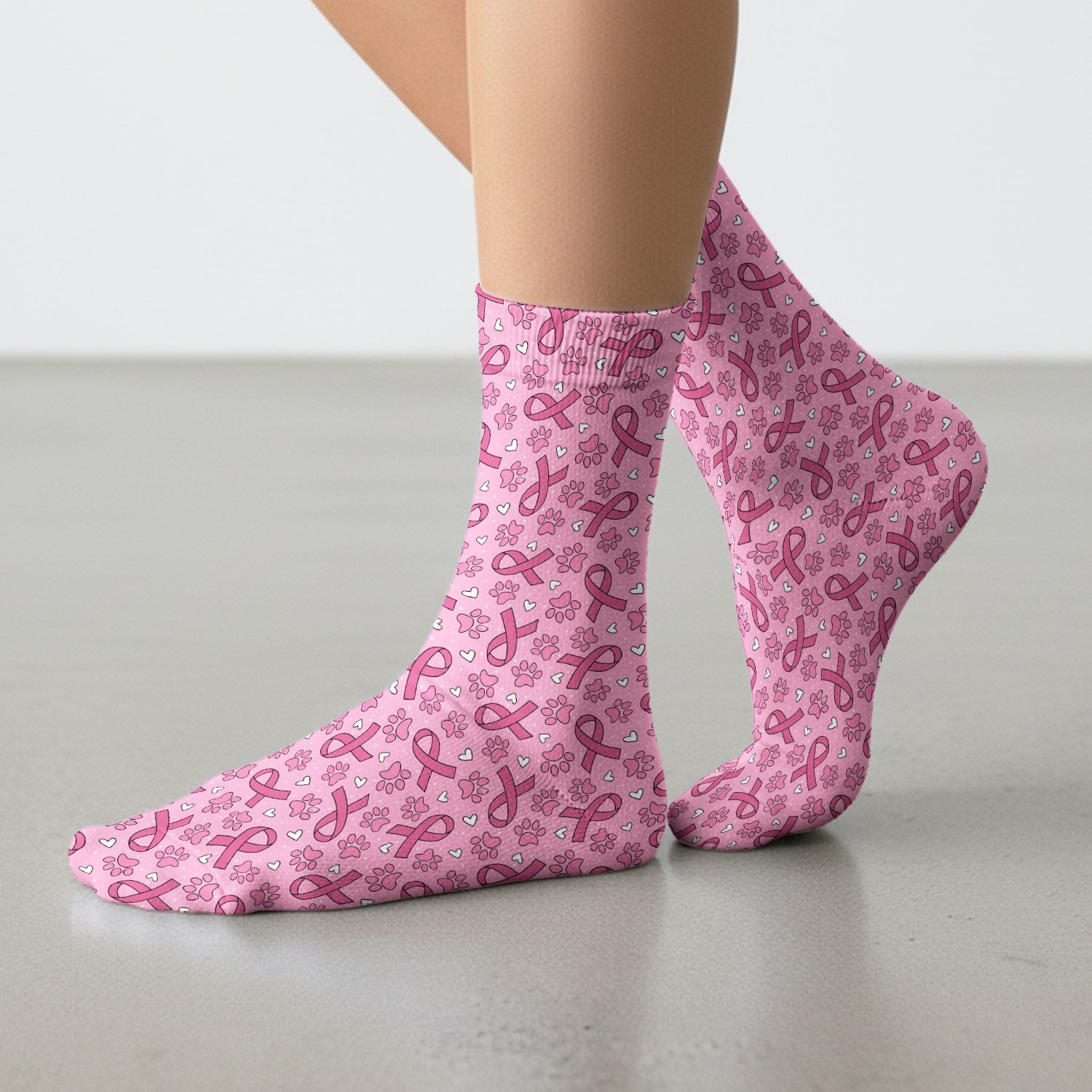 Pink Ribbon Paw Print Socks, Adult Socks for Men and Women