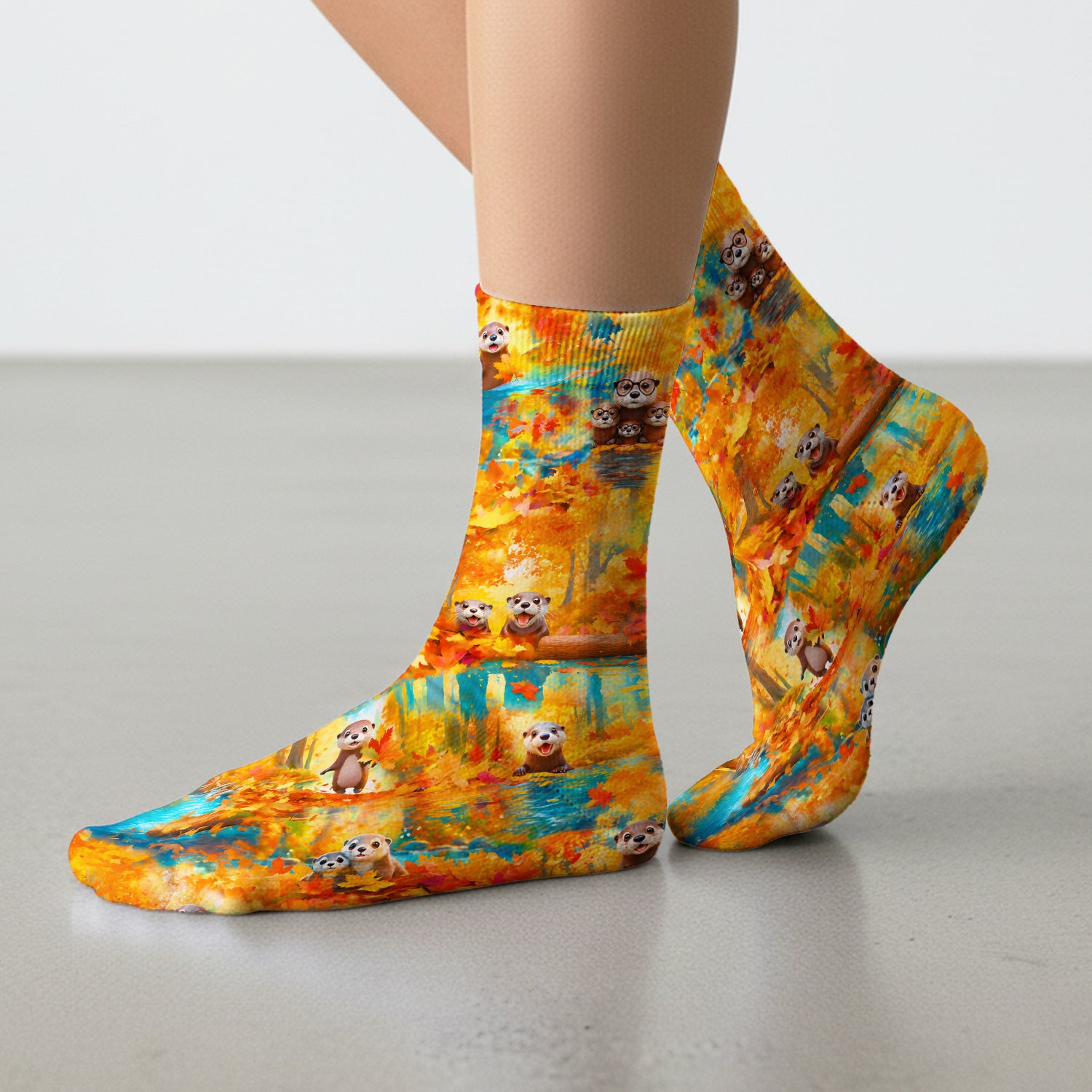 Cute Autumn Otter Leaf Forest Pattern Socks, Adult Socks for Men and Women