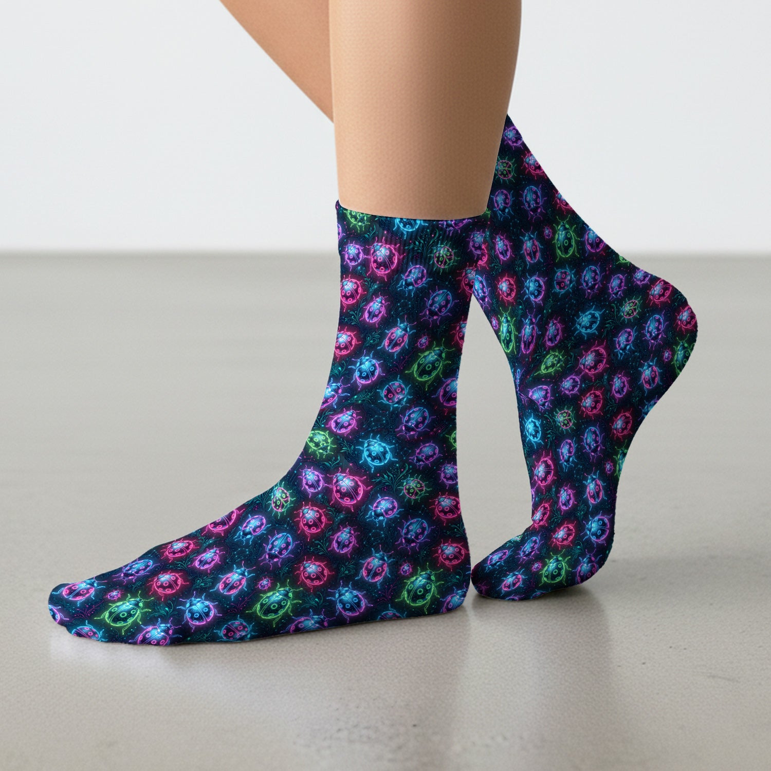 Colorful Neon Ladybug Pattern Socks, Adult Socks for Men and Women