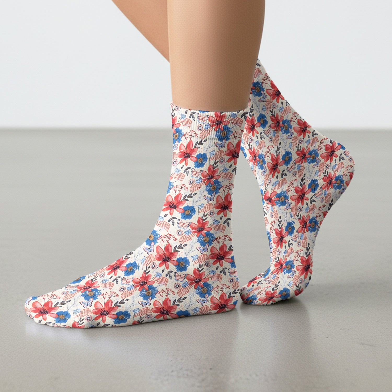 Patriotic Wildflower Flag Butterfly Pattern Socks, Adult Socks for Men and Women