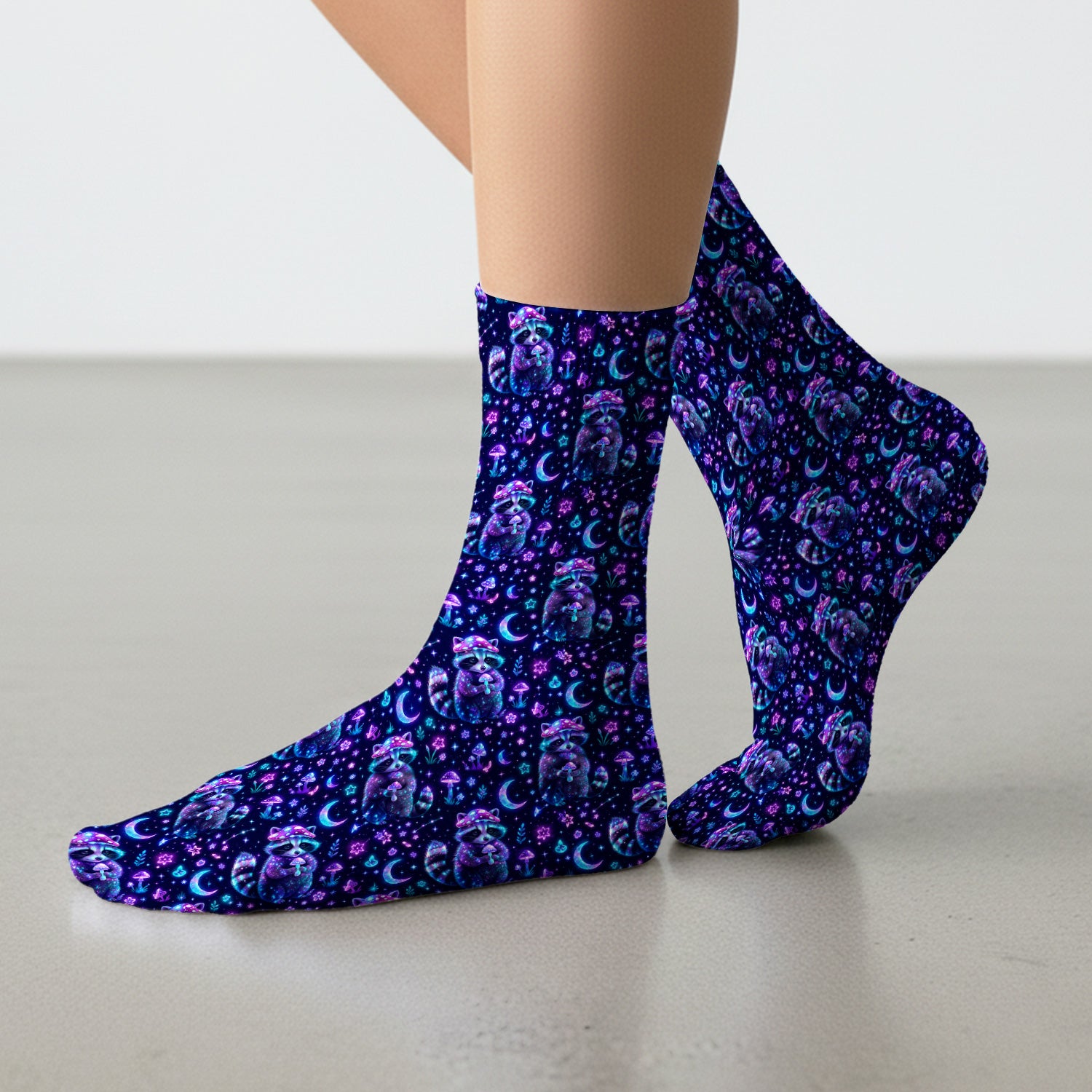 Neon Mushroom Raccoon Moonlight Pattern Socks, Adult Socks for Men and Women