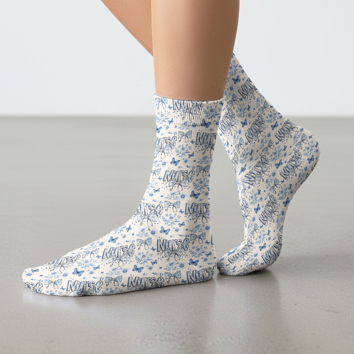 Blue Nurse Bow Floral Butterfly Pattern Socks, Breathable Fabrics Medical Uniform