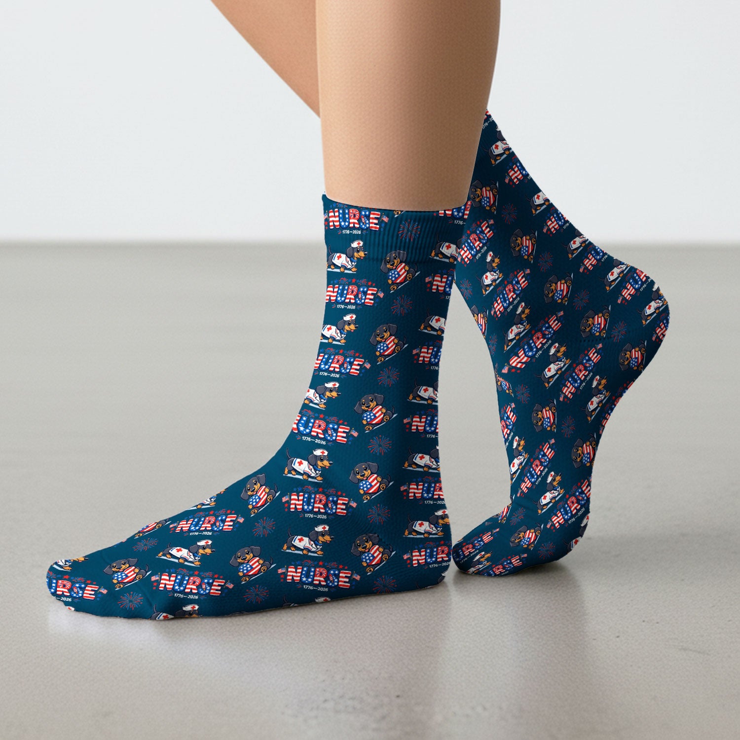 Proud Nurse Patriotic Dachshund Medical Firework Pattern Socks, Breathable Fabrics Medical Uniform