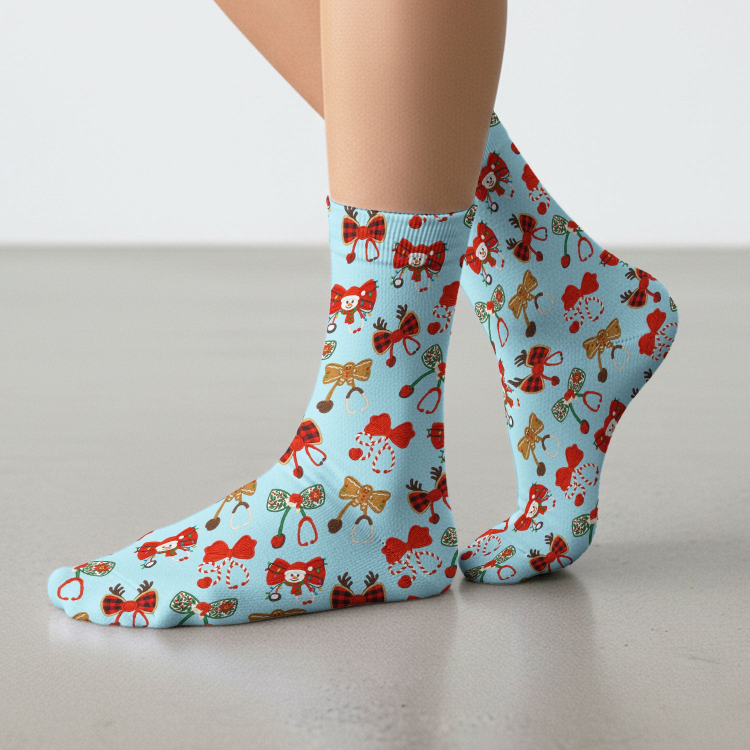 Christmas Stethoscope Bow Nurse Scrub Socks, Xmas Pattern Scrub Sock, Holiday Nursing Uniform