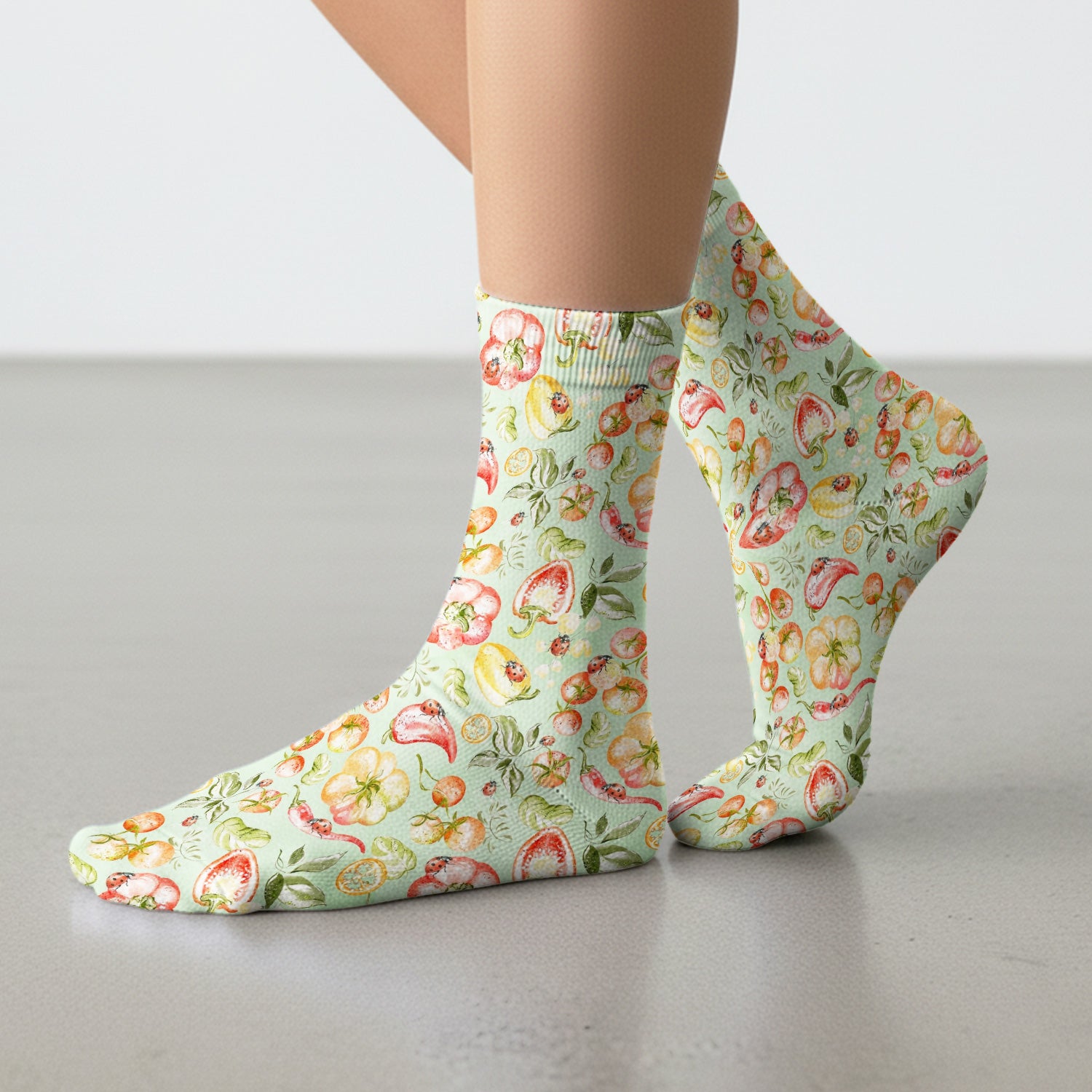 Cute Watercolor Veggie Ladybug Pattern Socks, Breathable Fabrics Medical Uniform