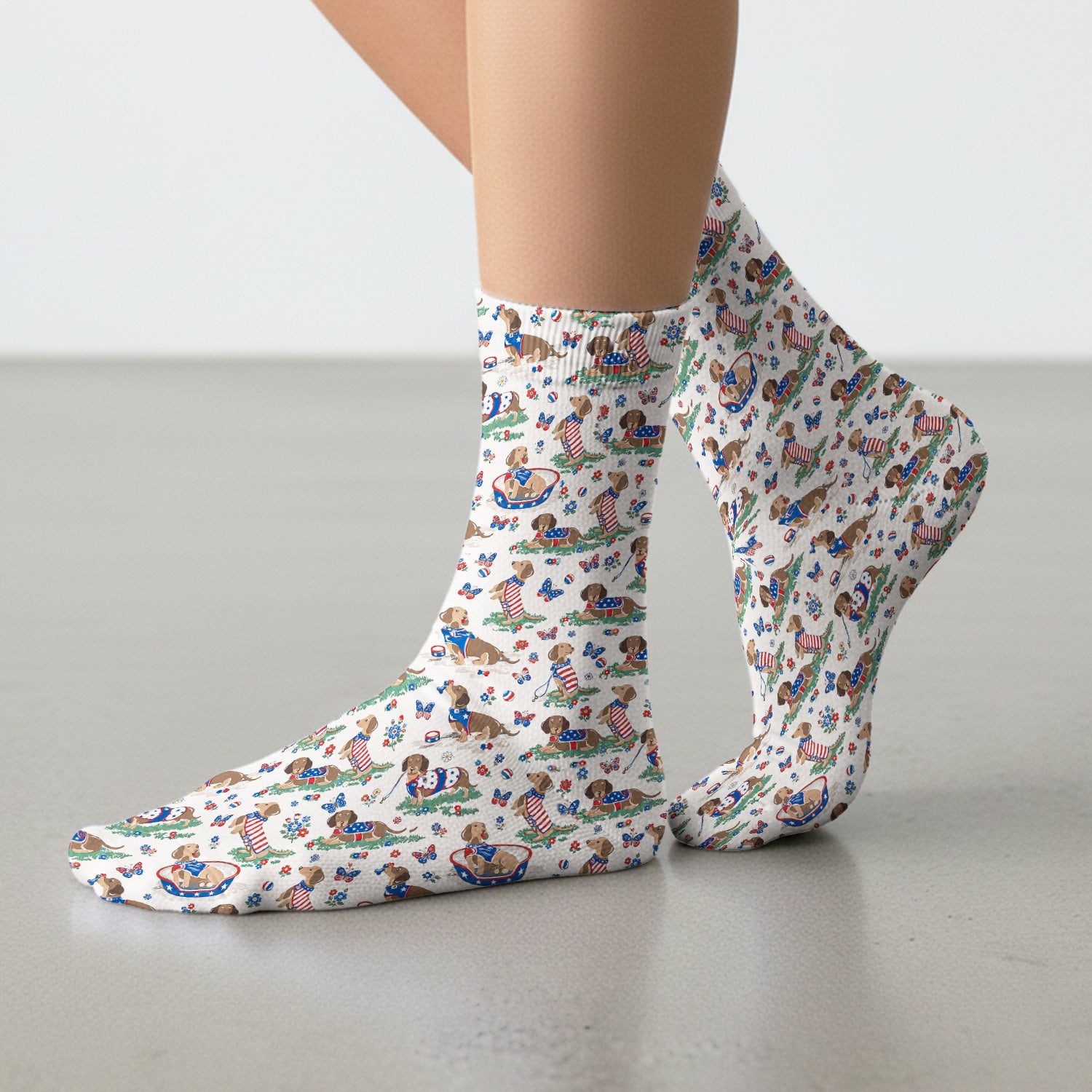 Patriotic Dachshund Garden Party Pattern Socks, Adult Socks for Men and Women