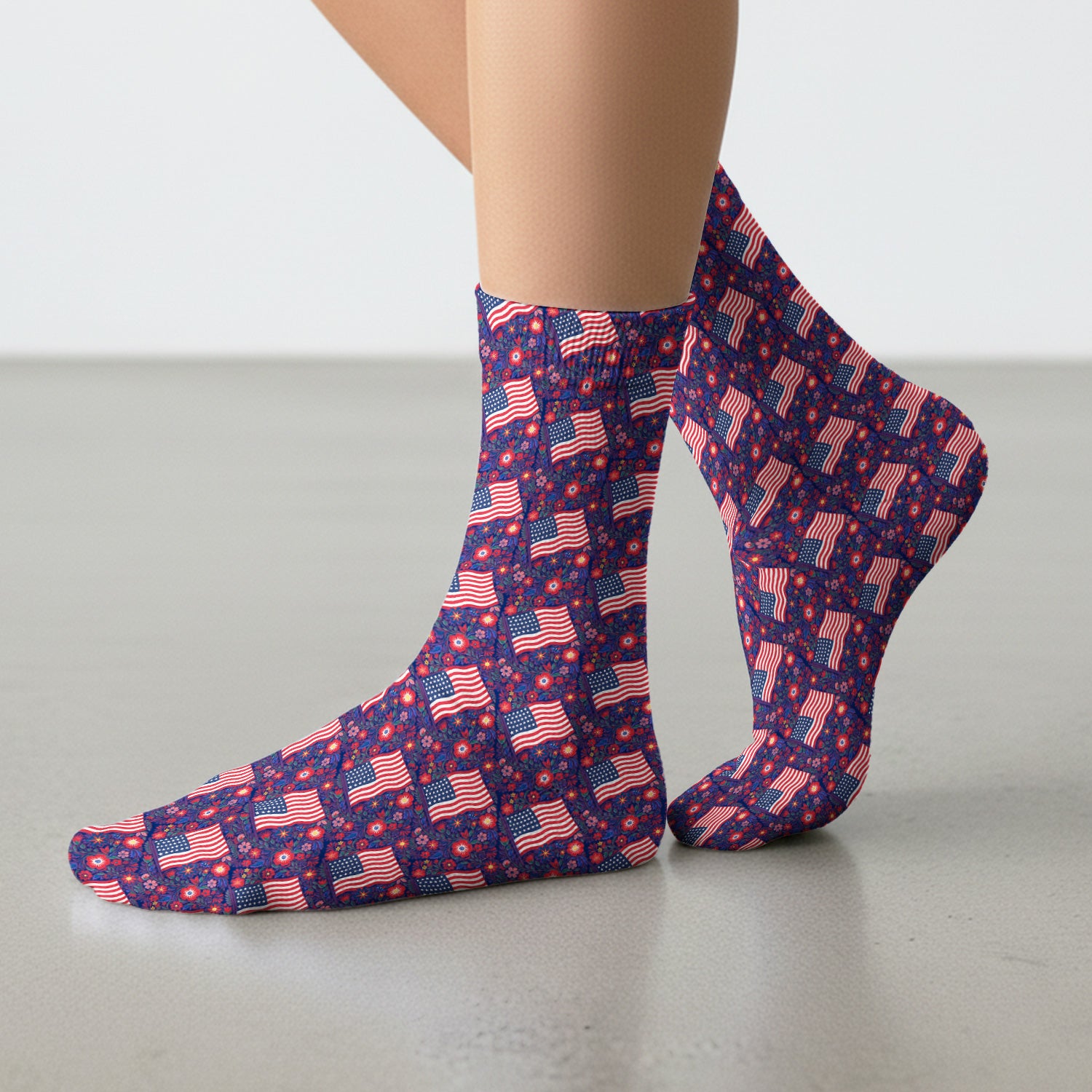 Patriotic USA Flag With Floral Fireworks Pattern Socks, Adult Socks for Men and Women
