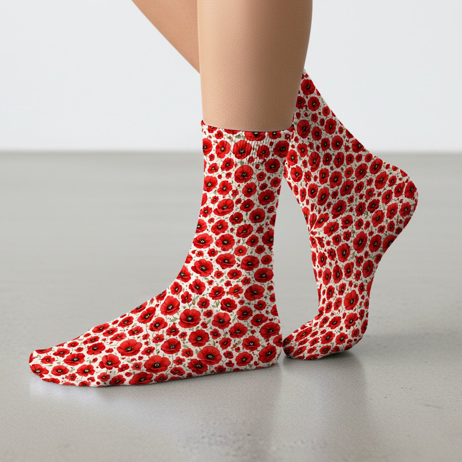 Pretty Red Poppy Flower Garden Pattern Socks, Adult Socks for Men and Women