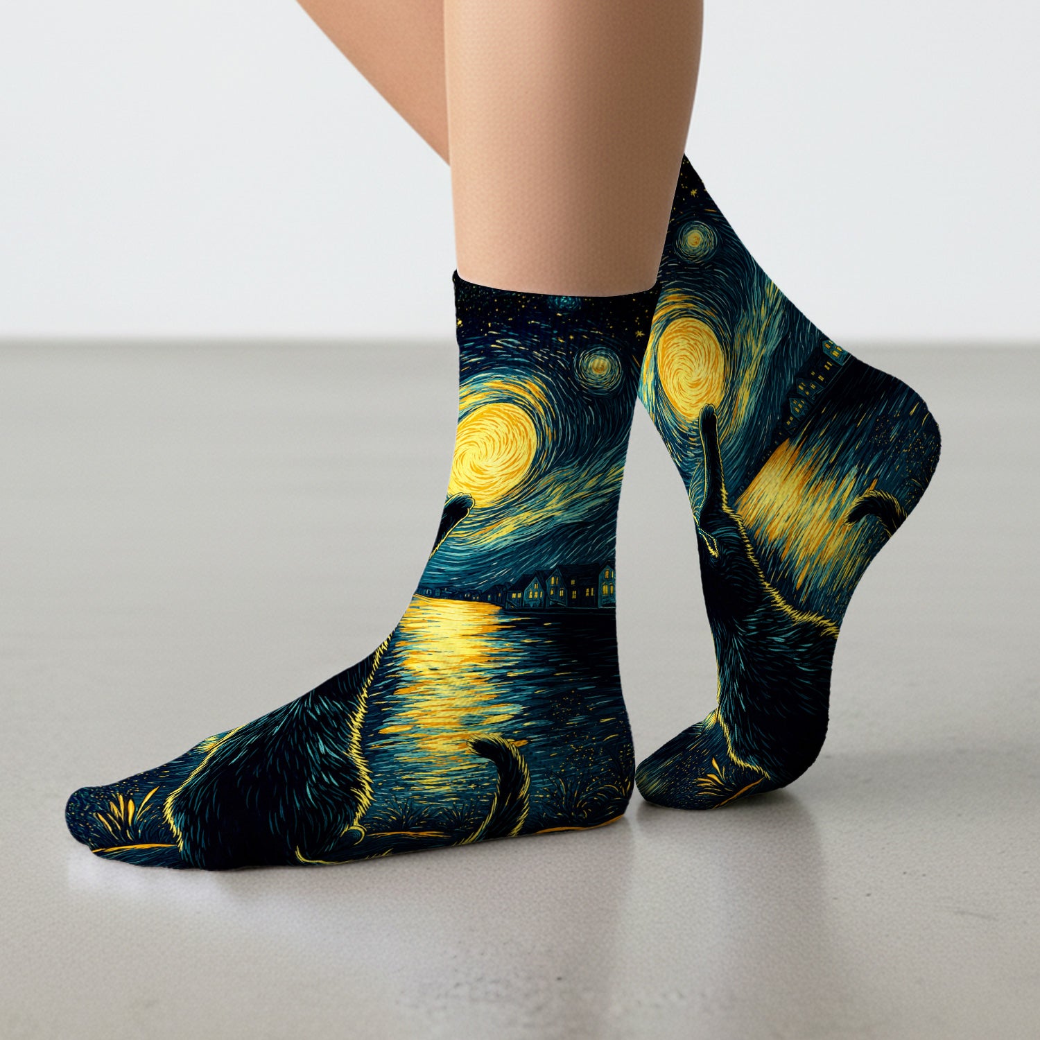Starry Moonlit Black Cat Socks, Adult Socks for Men and Women