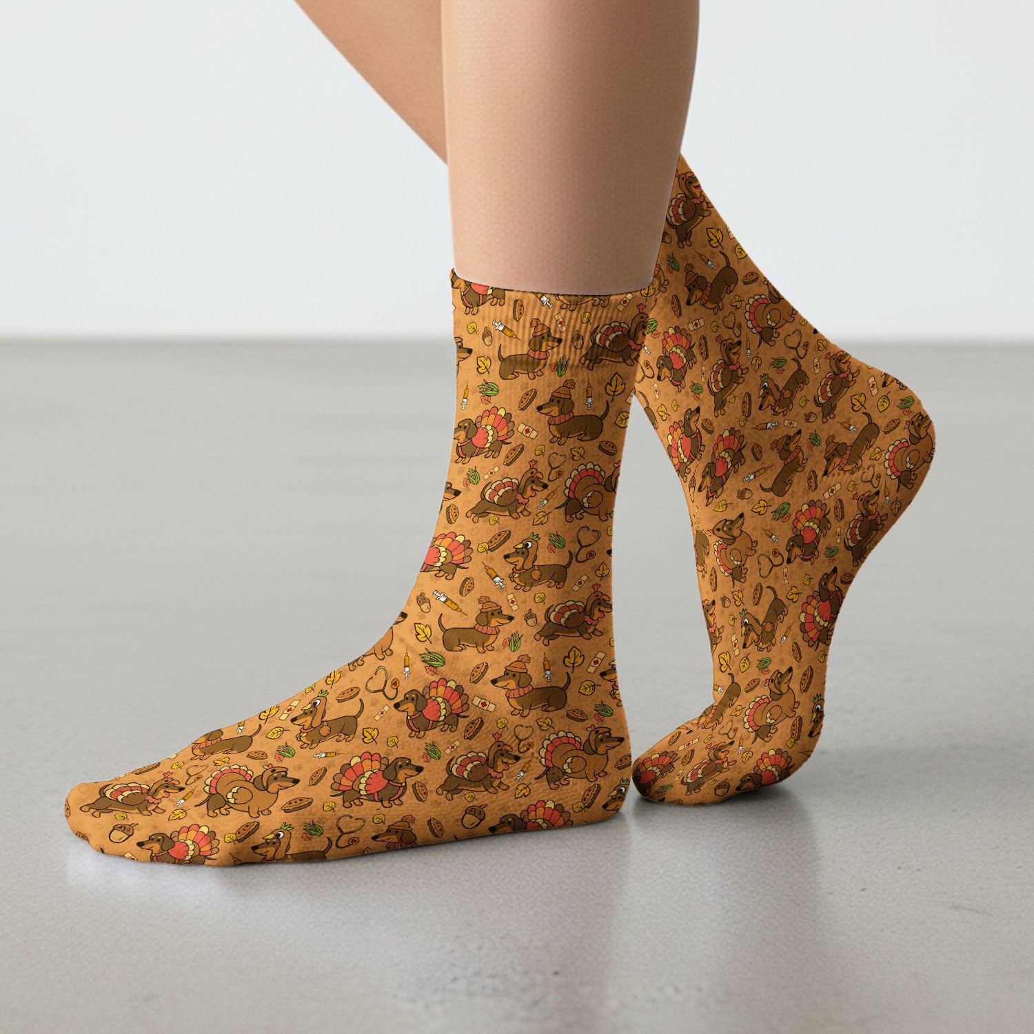 Thanksgiving Wiener Dog Socks for Nurse Doctor - Funny Dachshund Turkey Adult Socks for Men and Women