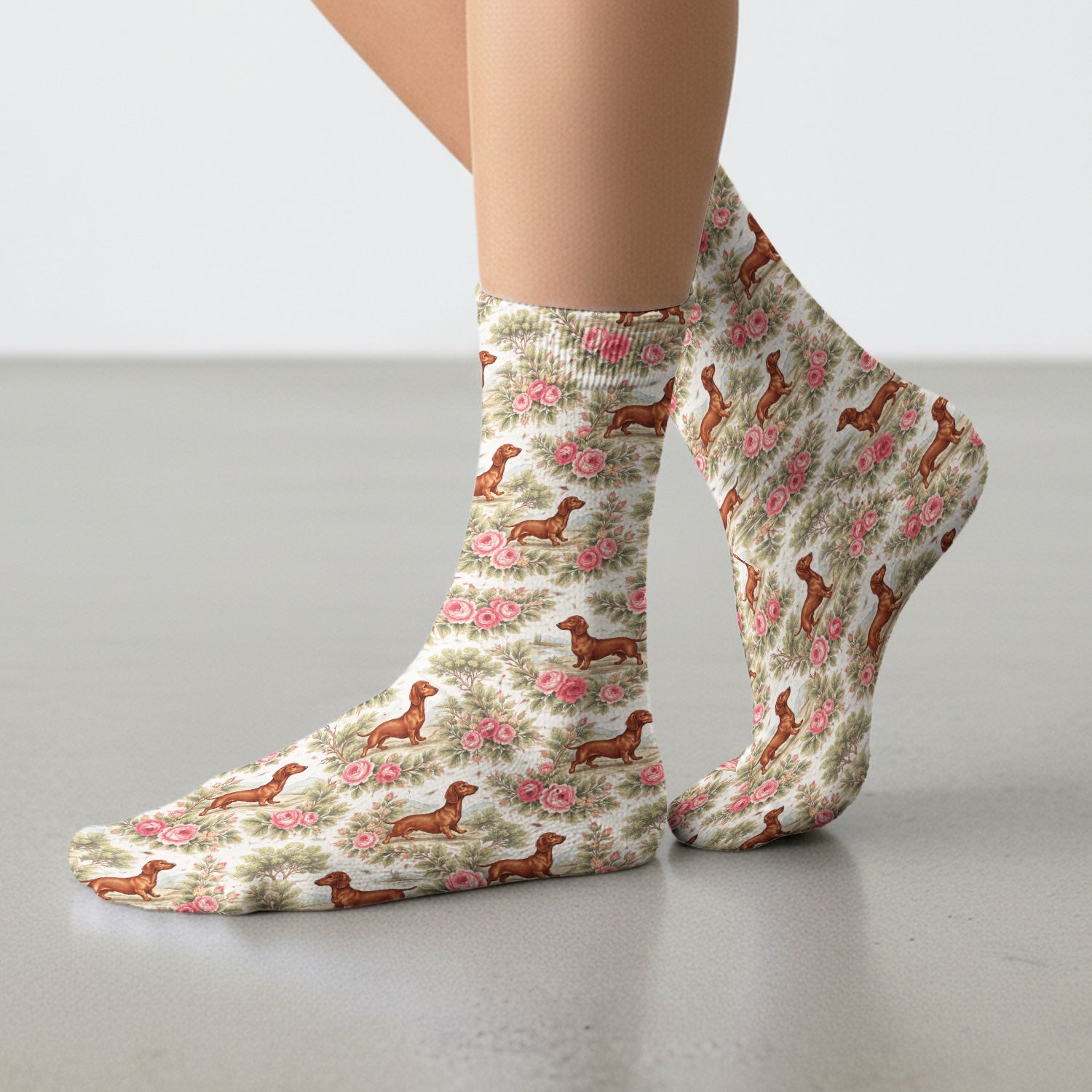 Vintage Dachshund Rose Floral Pattern Socks, Adult Socks for Men and Women