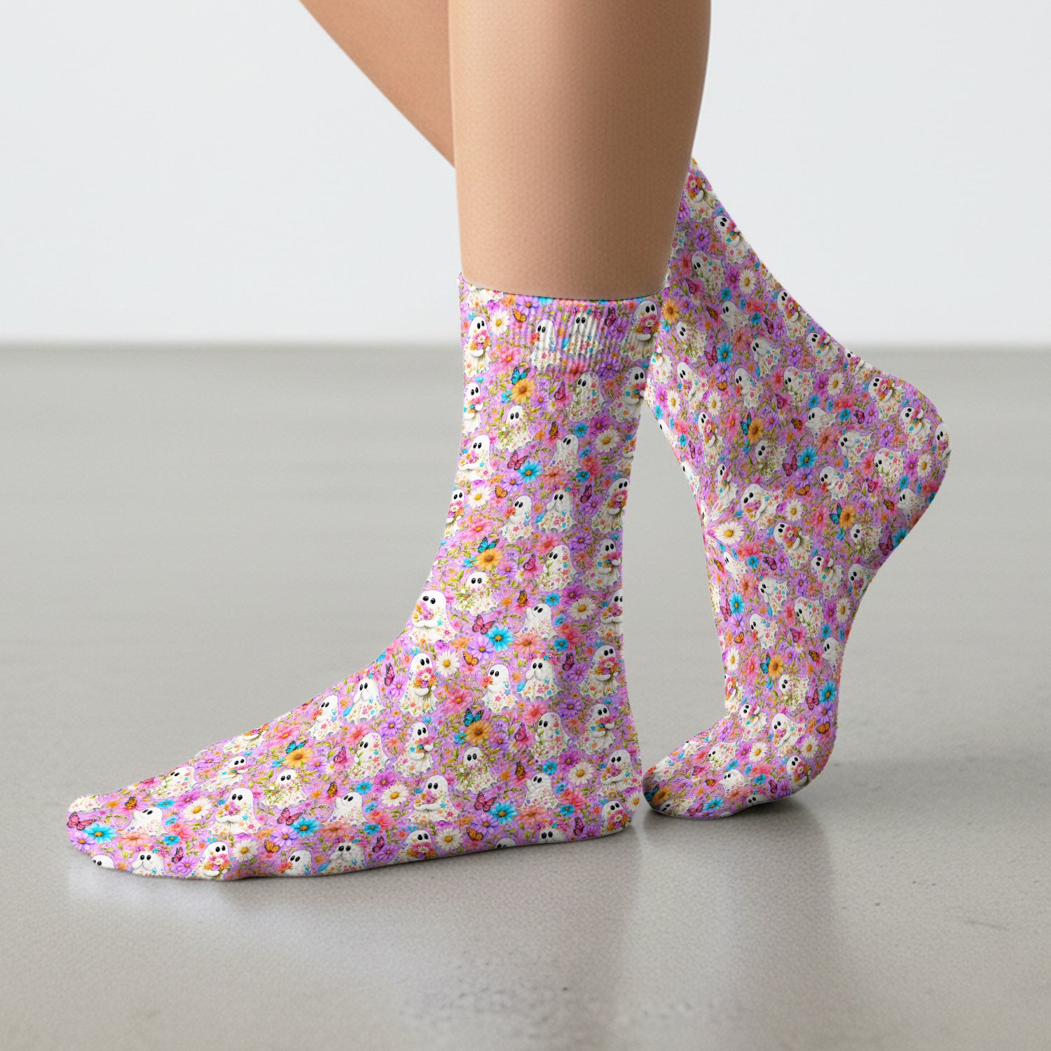 Cute Halloween Floral Ghosts And Butterflies Socks, Adult Socks for Men and Women