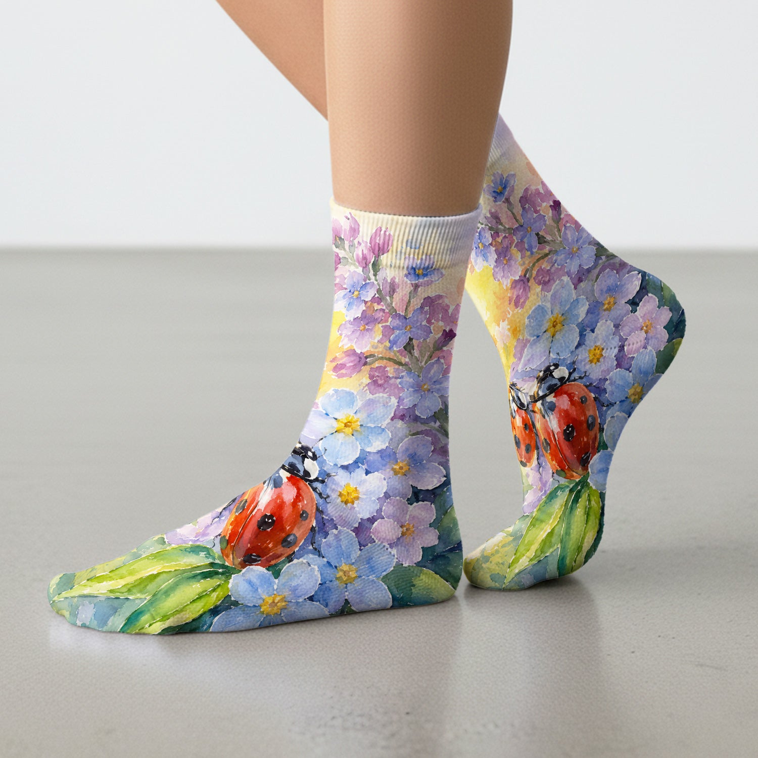 Ladybug Spring Flower Garden Print Socks, Adult Socks for Men and Women