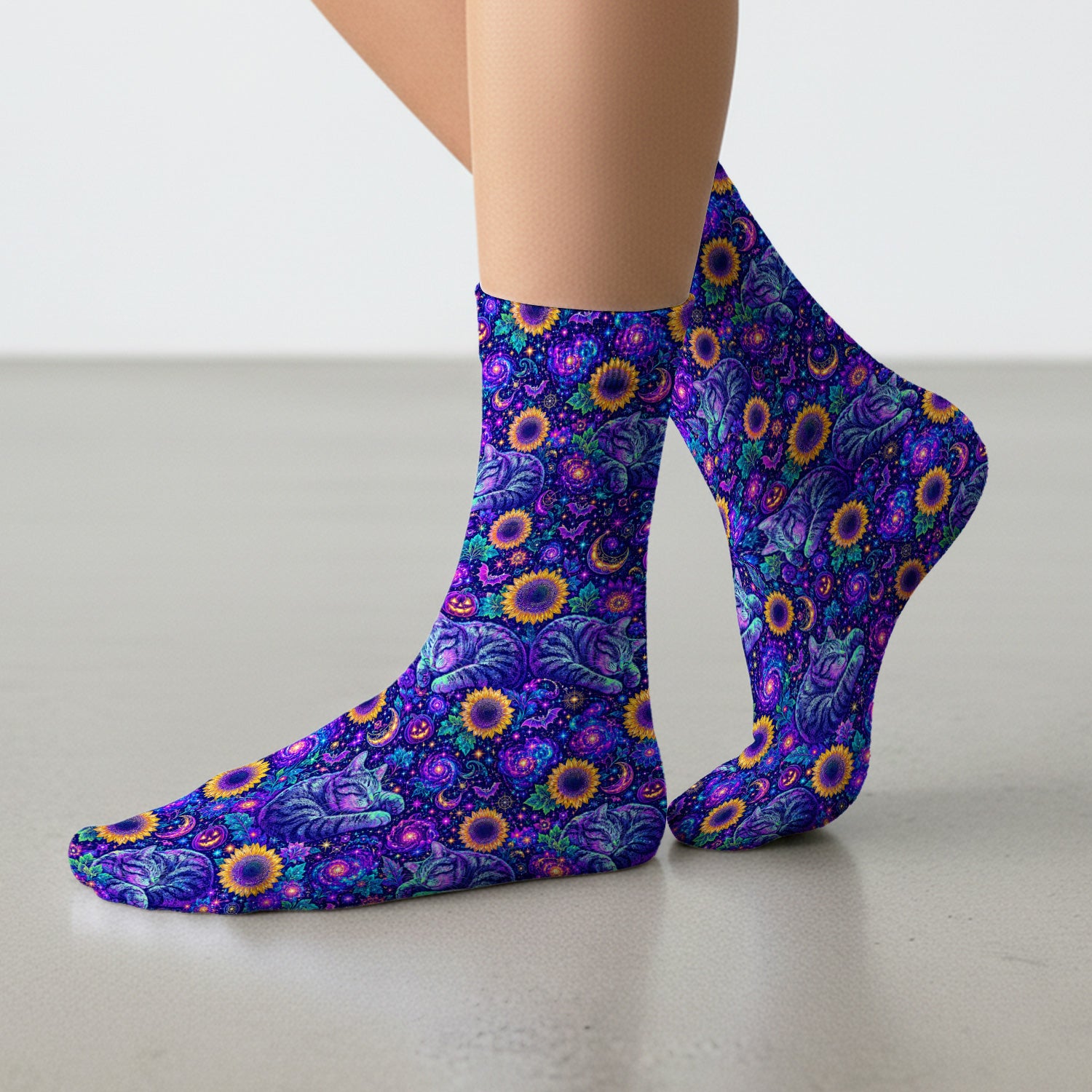 Spooky Galaxy Cat And Sunflowers Socks, Adult Socks for Men and Women