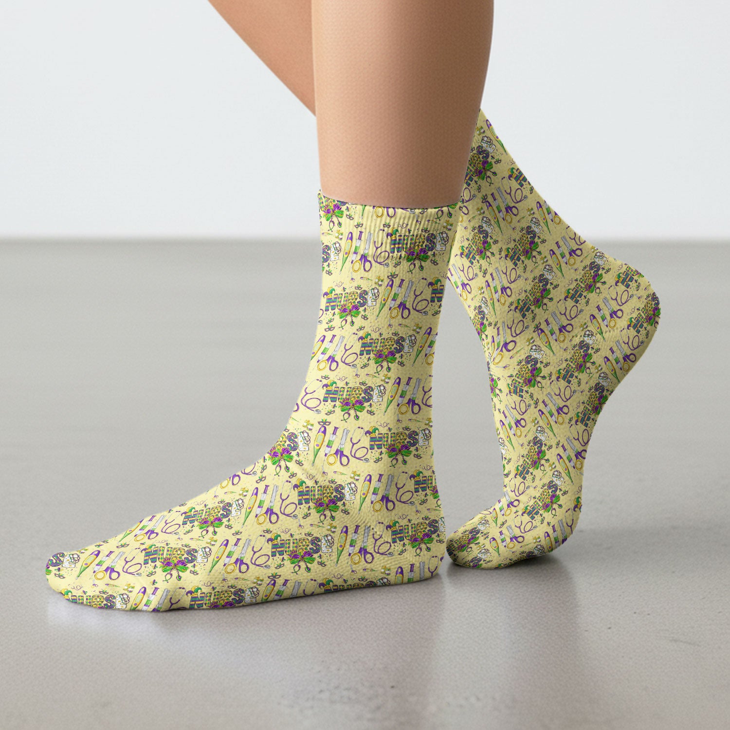 Mardi Gras Nurse Scrub Socks, Holiday Medical Pattern Nurse Sock, Breathable Fabrics Nursing Uniform