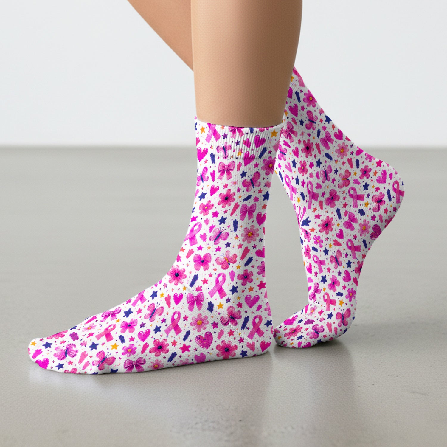 Pink Ribbon Floral Pattern Socks, Adult Socks for Men and Women