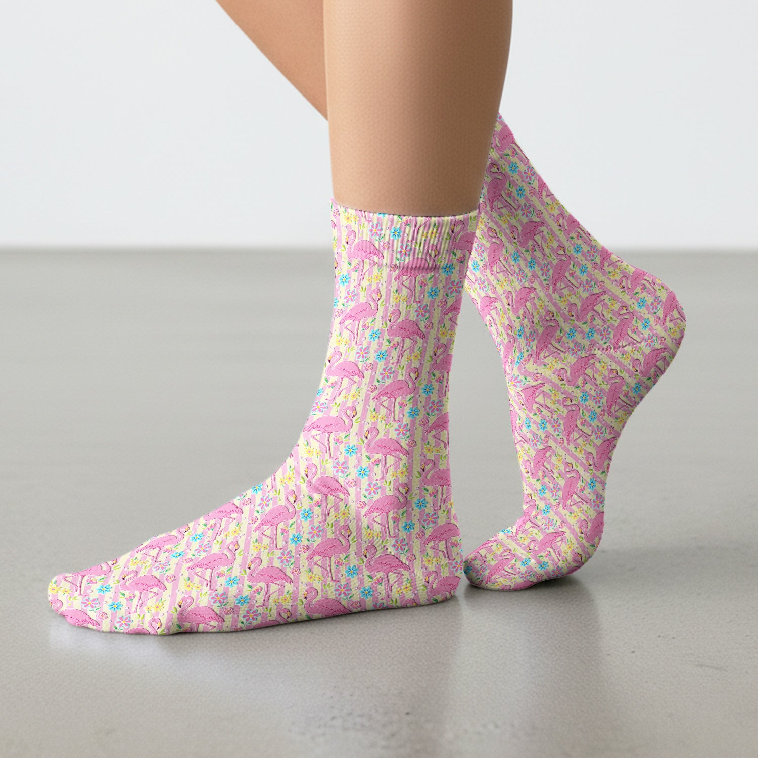 Pink Flamingo Flower Stripe Pattern Socks, Adult Socks for Men and Women