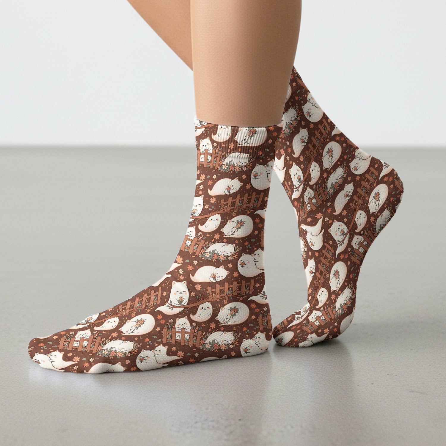 Floral Cat with Garden Fence Print Socks, Adult Socks for Men and Women