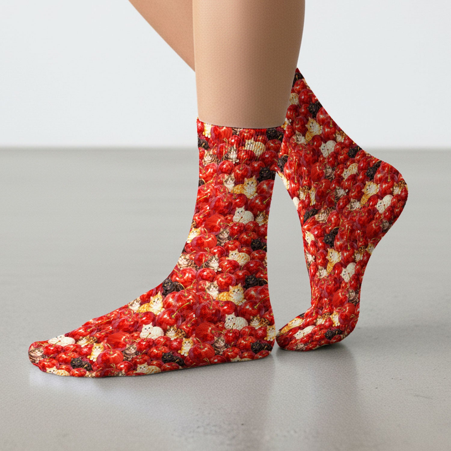 Cute Cat Cherry Pattern Socks, Adult Socks for Men and Women
