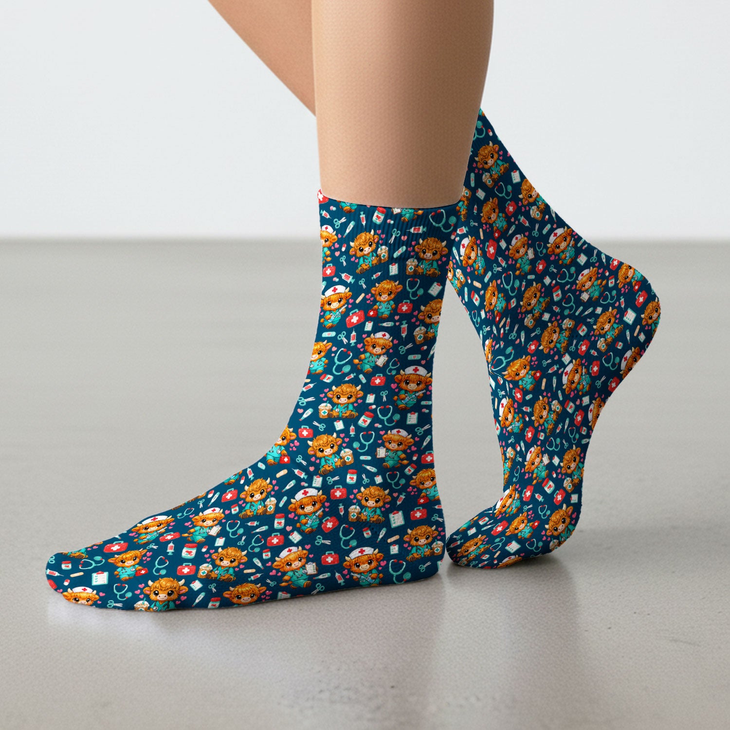 Cute Highland Cow Nurse Scrub Socks, Kawaii Medical Pattern Sock, Breathable Fabrics Nursing Uniform
