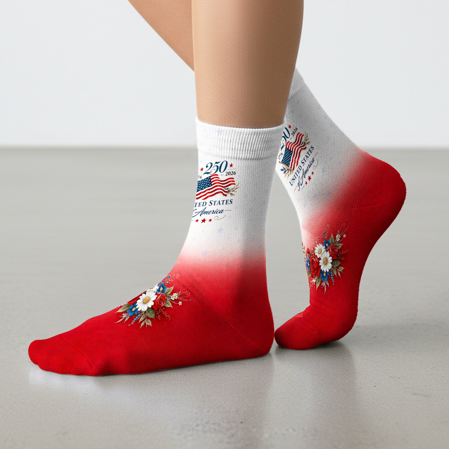 Patriotic 250th Flag Floral Pattern Socks, Adult Socks for Men and Women