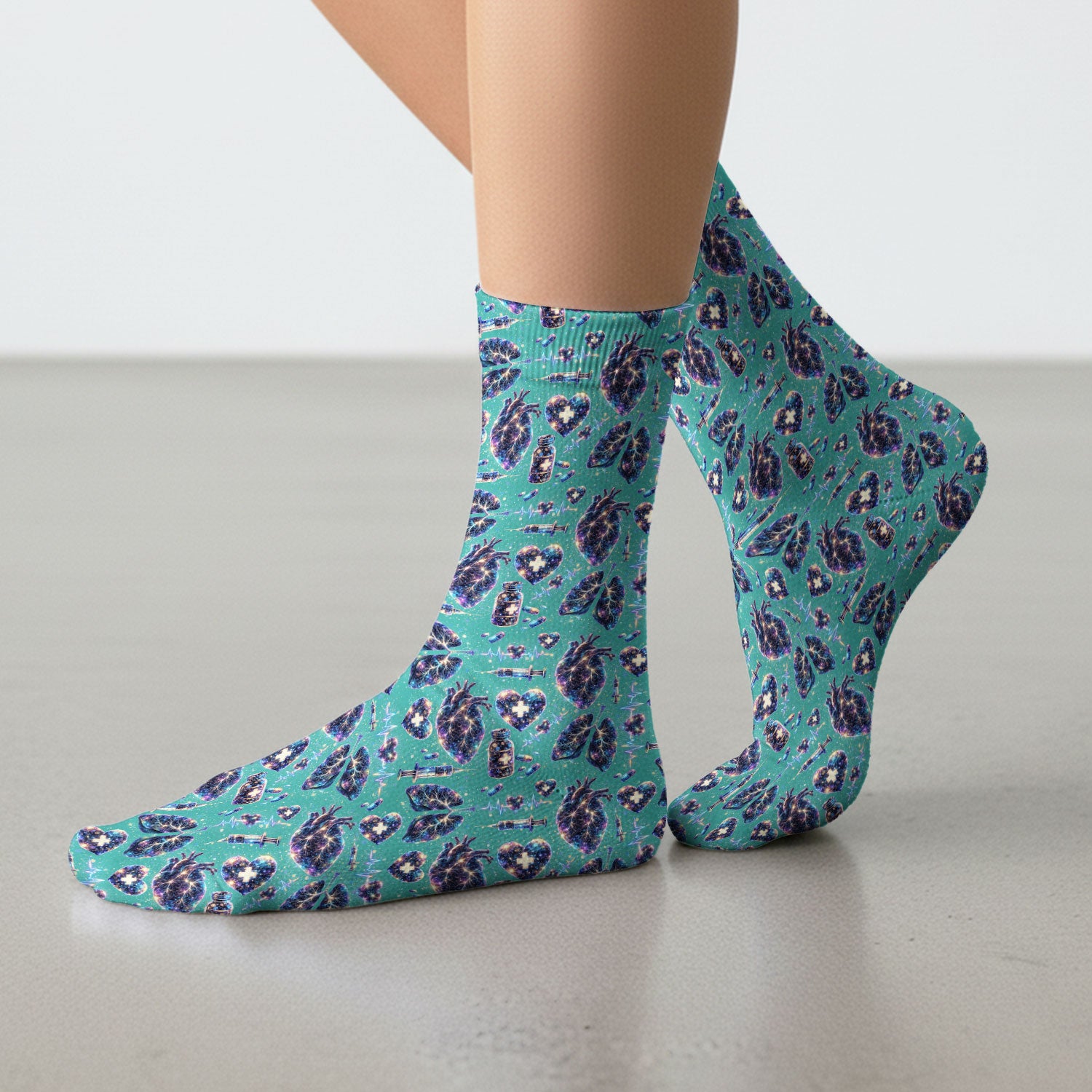 Galaxy Anatomical Heart Lung Syringe Print Socks, Breathable Fabrics Medical Uniform