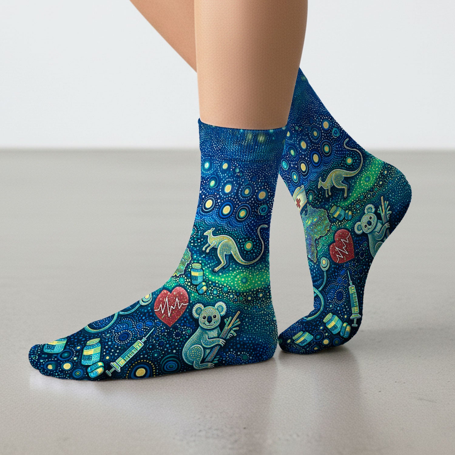 Aboriginal Nurse Australia Scrub Socks, Kangaroo Koala Dot Art Medical Pattern Sock, Breathable Fabrics Nursing Uniform
