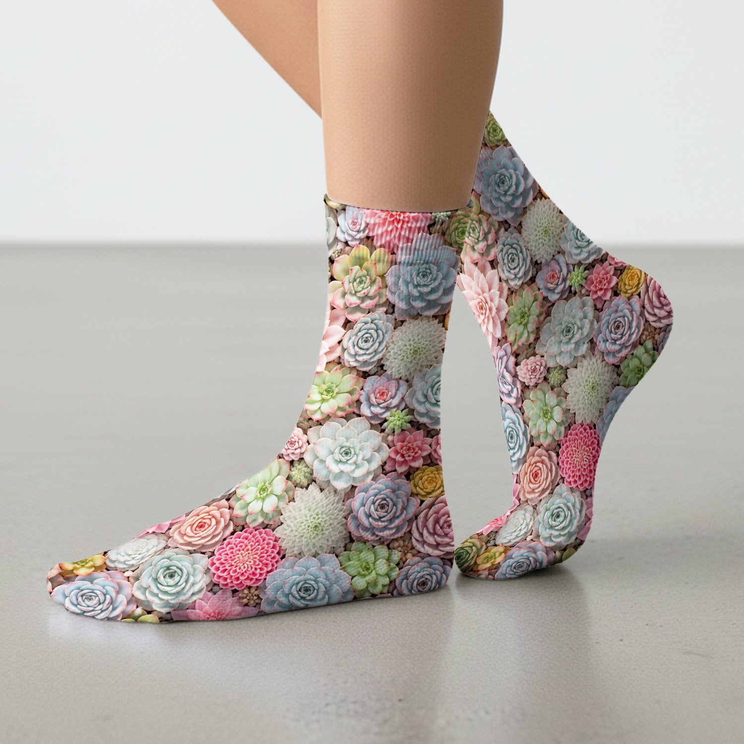 Cute Pastel Succulent Blossom Pattern Socks, Adult Socks for Men and Women