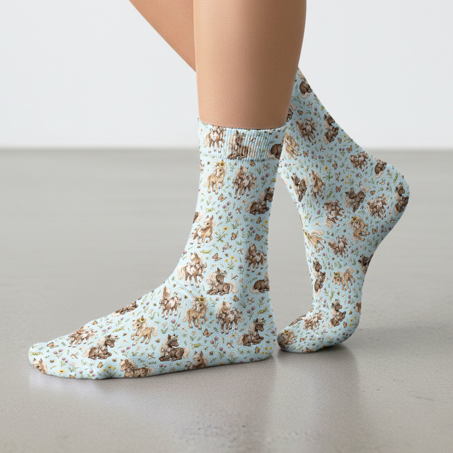 Cute Pony Garden with Butterfly Floral Meadow Print Socks, Adult Socks for Men and Women