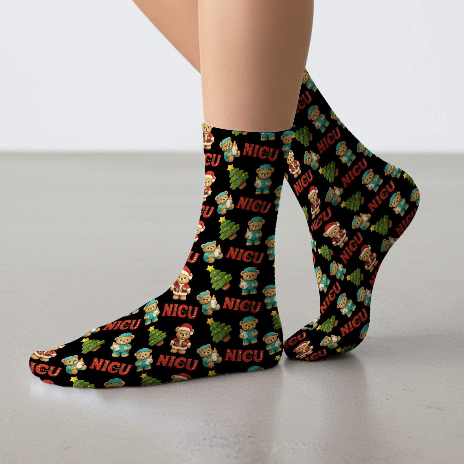 Festive Christmas NICU Nurse Teddy Bear Pattern Print Socks, Adult Socks for Men and Women