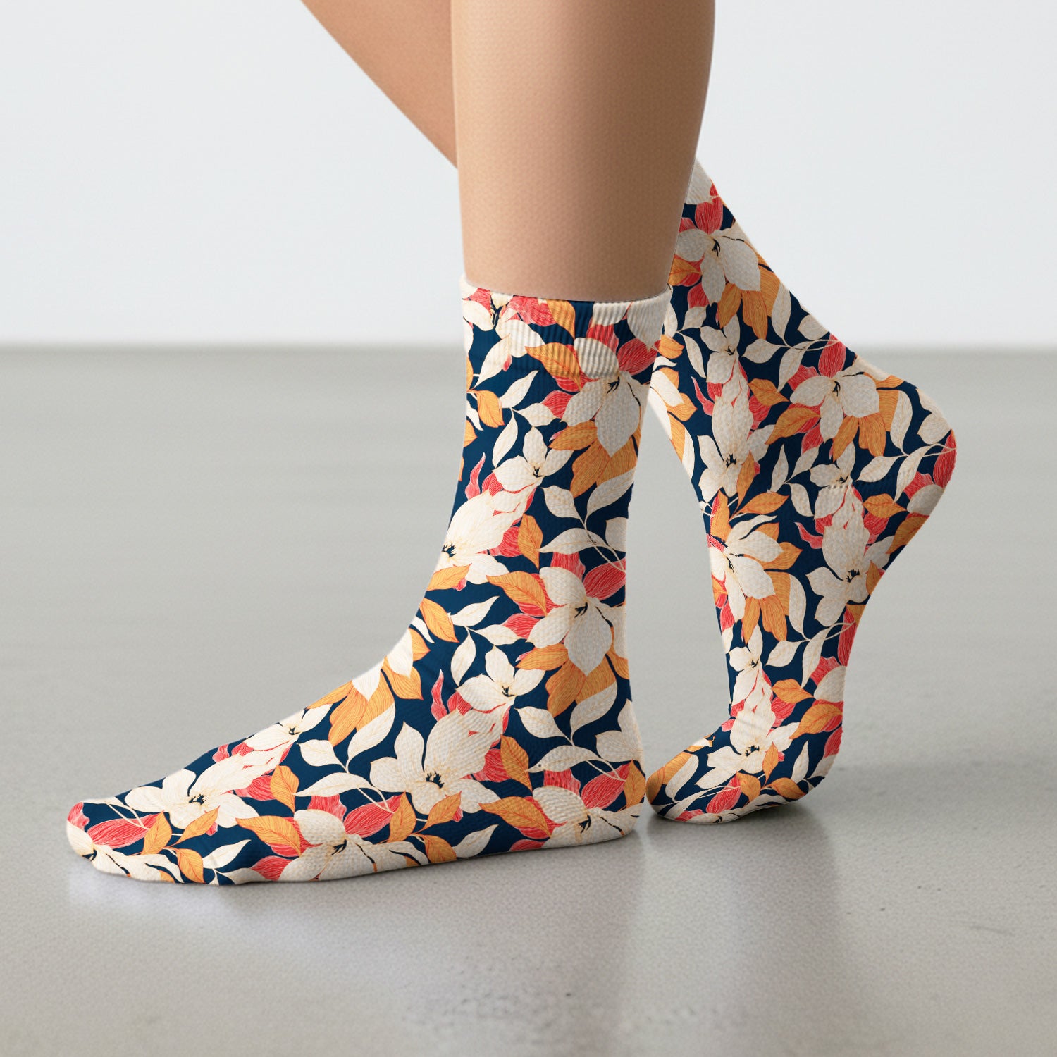 Elegant Ivory Lily Leaves Pattern Socks, Adult Socks for Men and Women