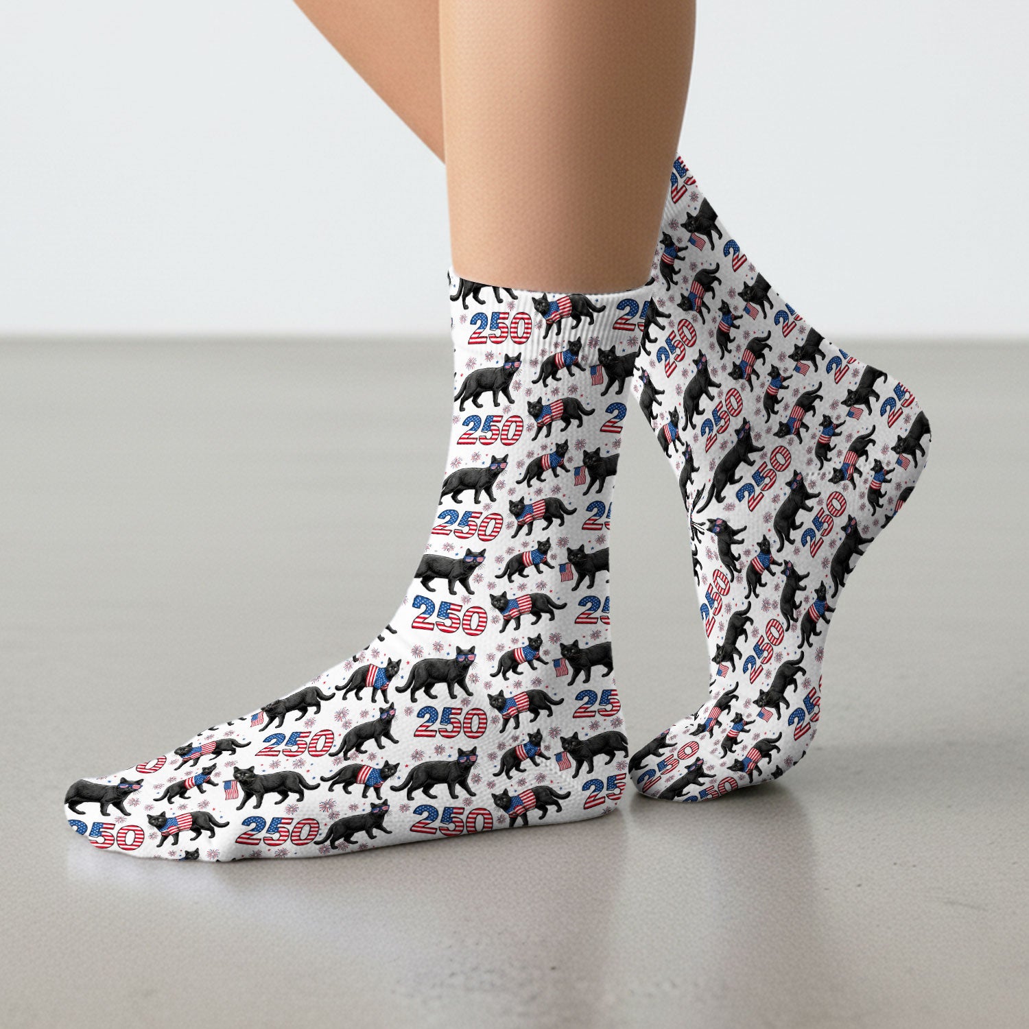 Black Cat 250 USA Flag Fireworks Pattern Socks, Adult Socks for Men and Women