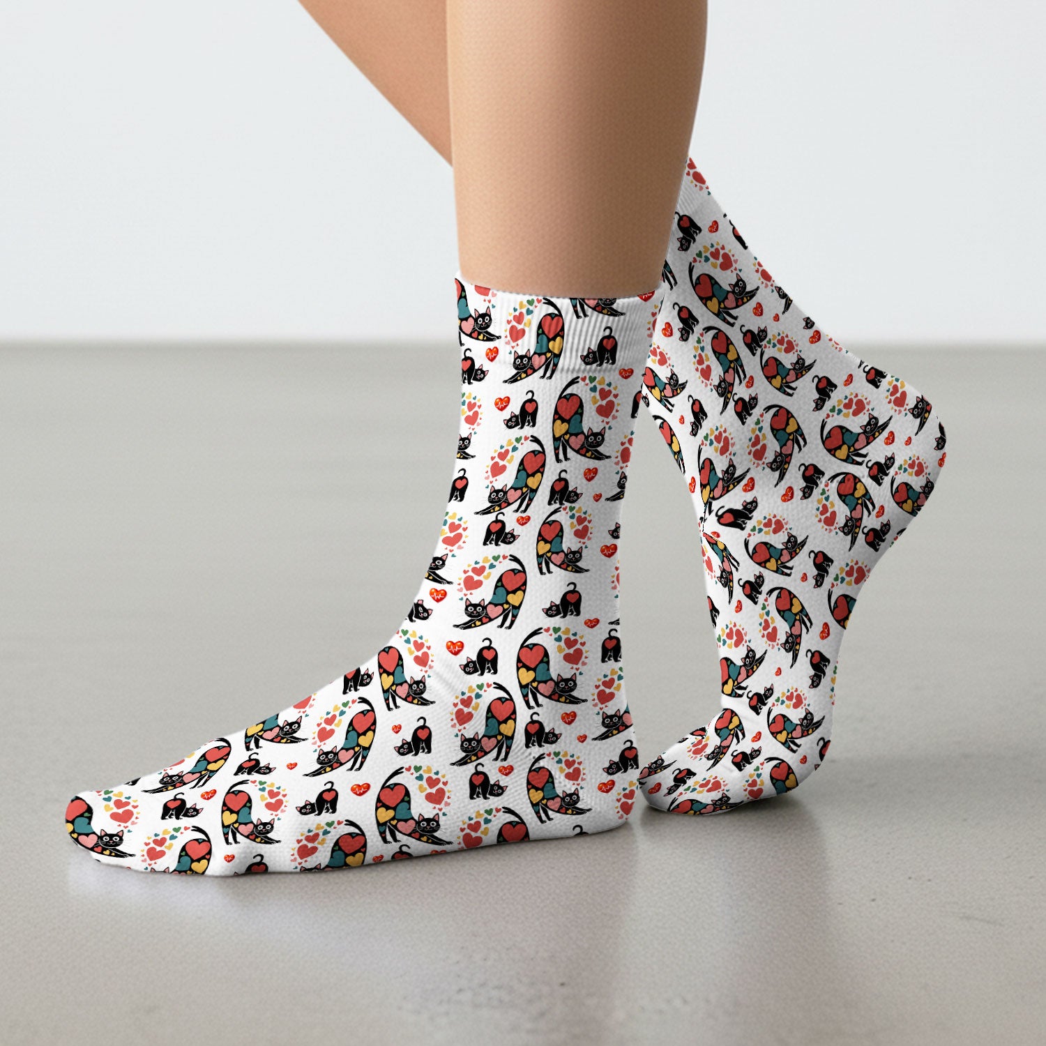 Playful Cat Valentine Heart Print Medical Socks, Socks for Nurse Doctor