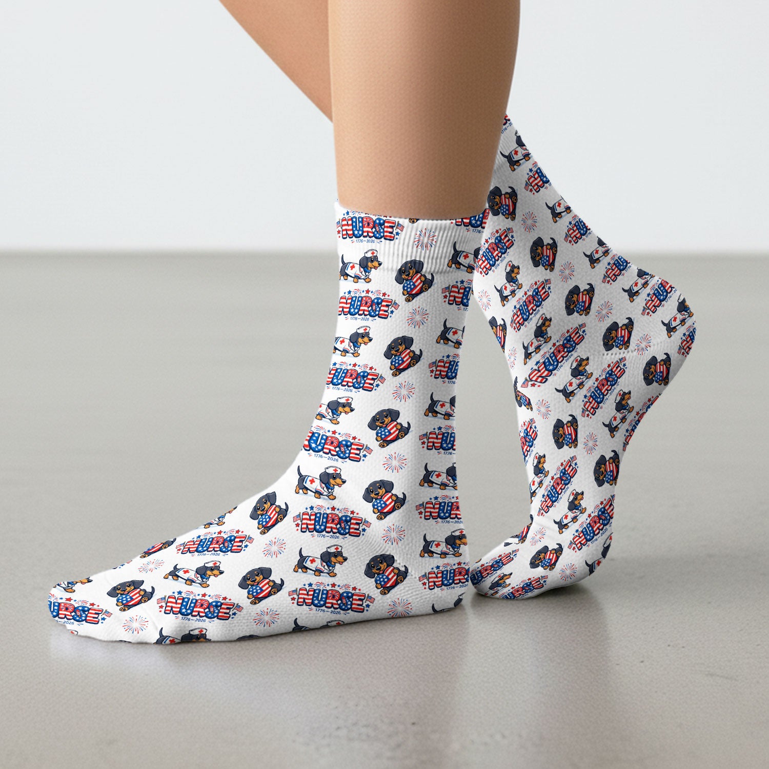 Proud Nurse Patriotic Dachshund Medical Firework Pattern Socks, Breathable Fabrics Medical Uniform