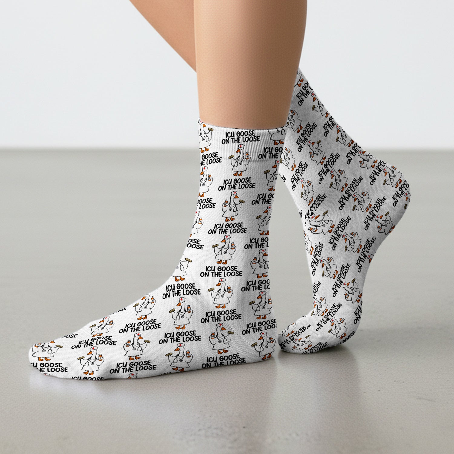 Funny ICU Goose On The Loose Nurse Pattern Socks, Socks for Nurse Doctor