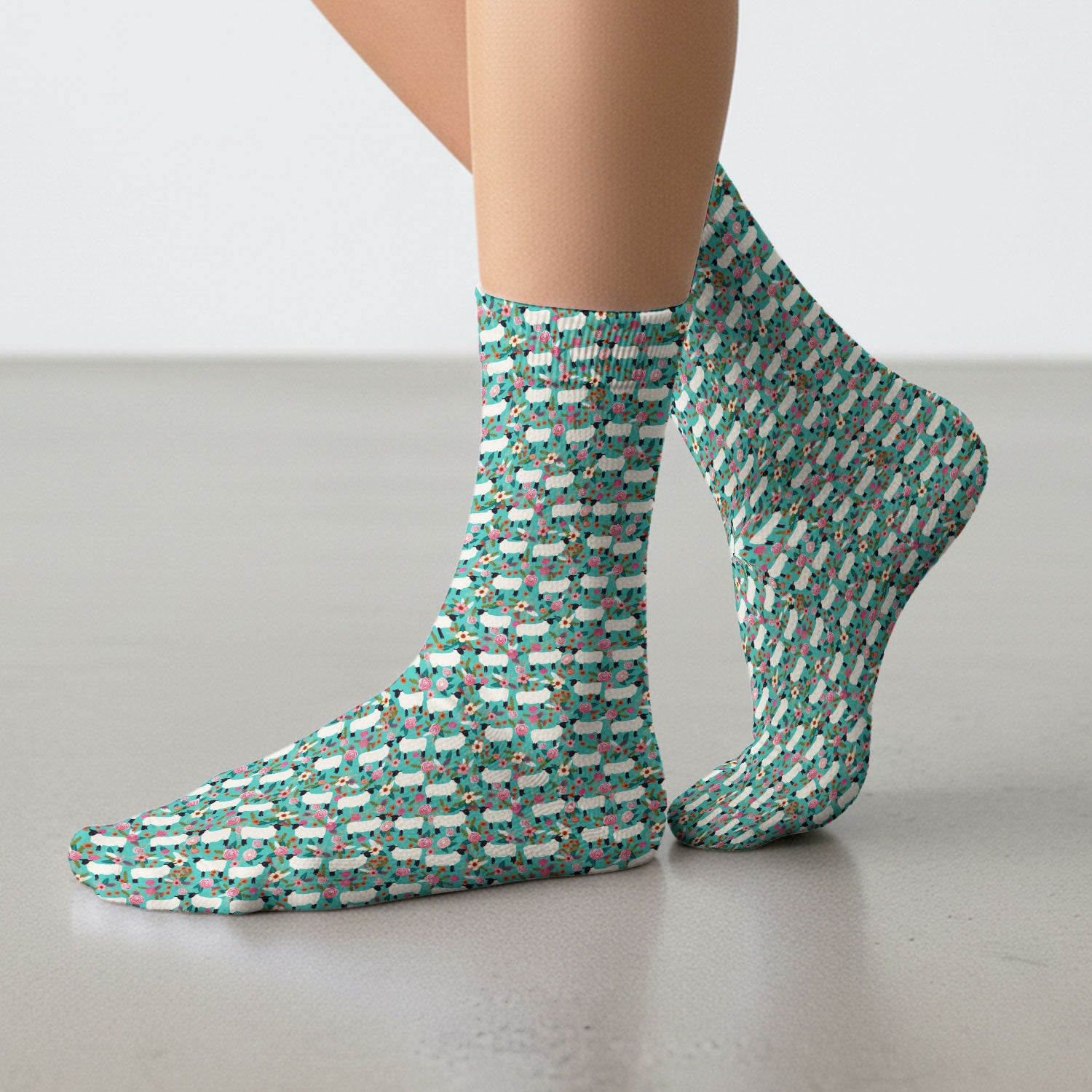 Cute Sheep Floral Meadow Pattern Socks, Adult Socks for Men and Women