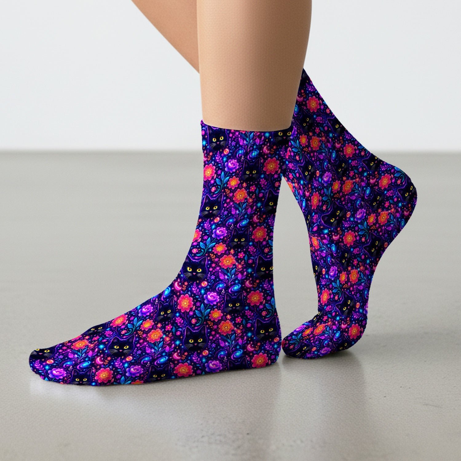 Galaxy Black Cat Floral Pattern Socks, Adult Socks for Men and Women