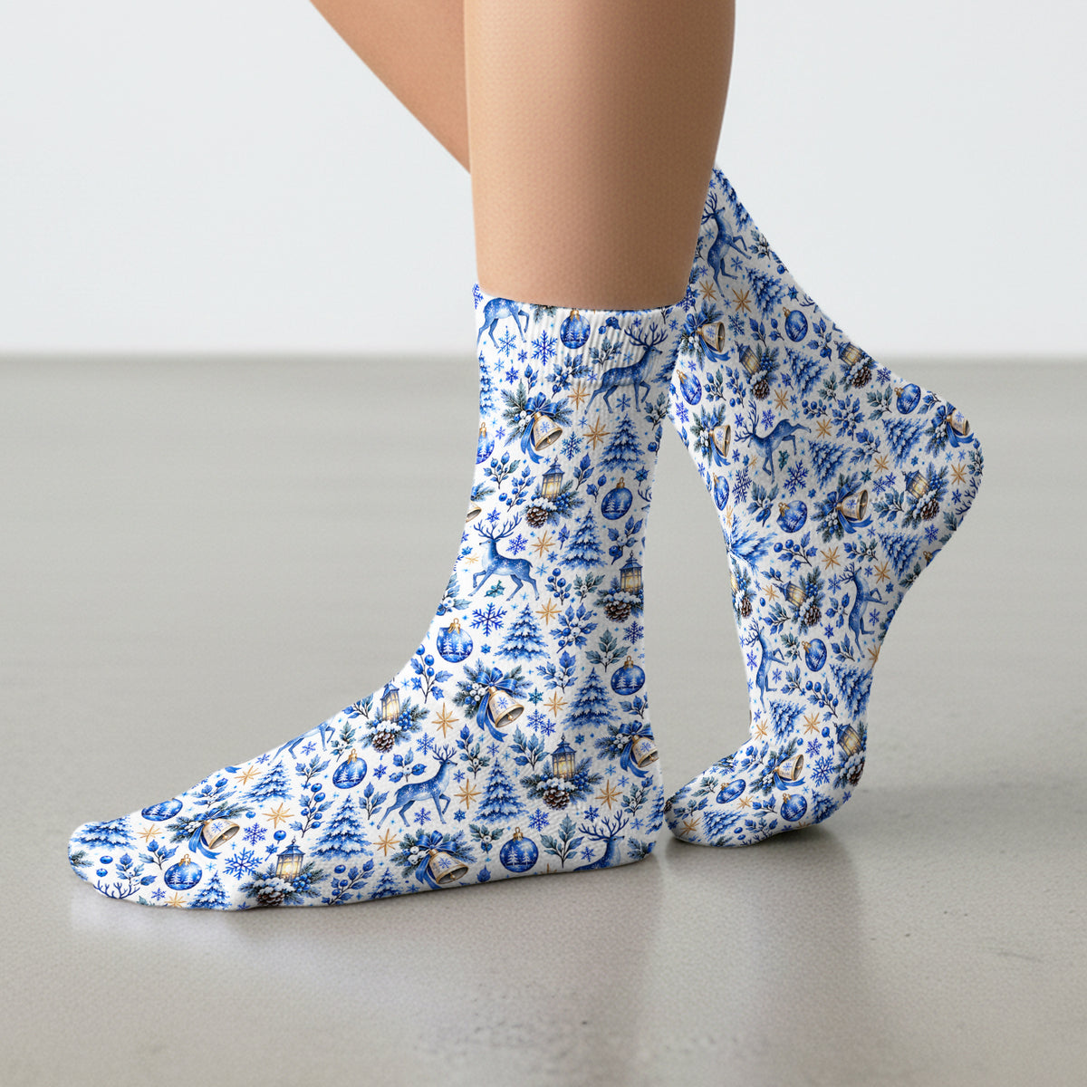 Blue Christmas Reindeer And Winter Trees Socks, Adult Socks for Men and Women