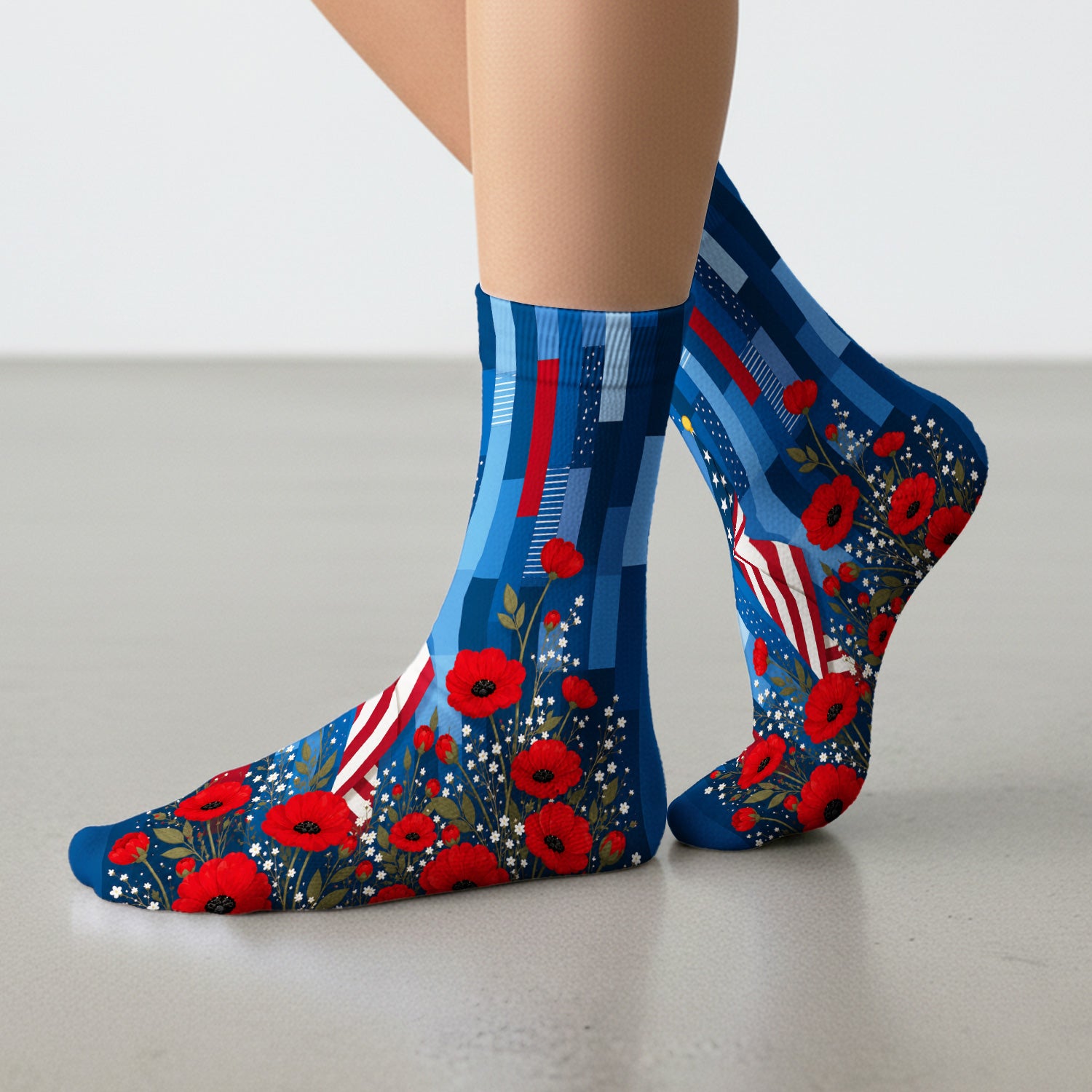 Patriotic Nurse Flag Poppy Pattern Socks, Adult Socks for Men and Women