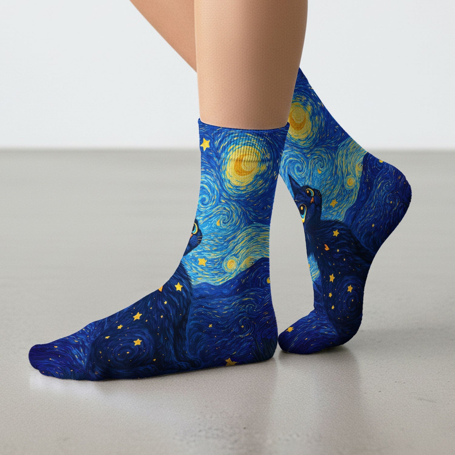 Black Cat Starry Night Pattern Print Socks, Adult Socks for Men and Women