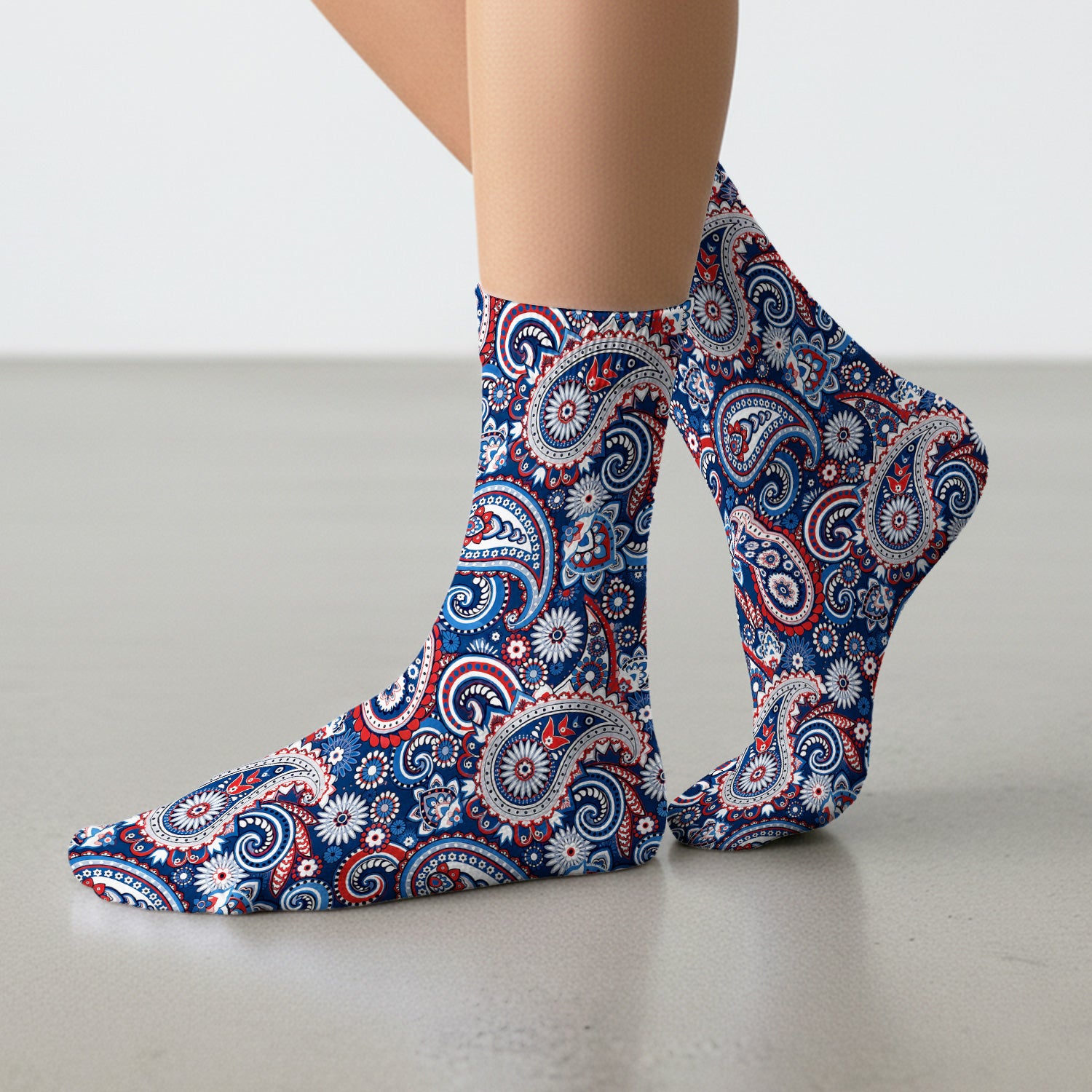 Patriotic Red White Blue Paisley Pattern Socks, Adult Socks for Men and Women