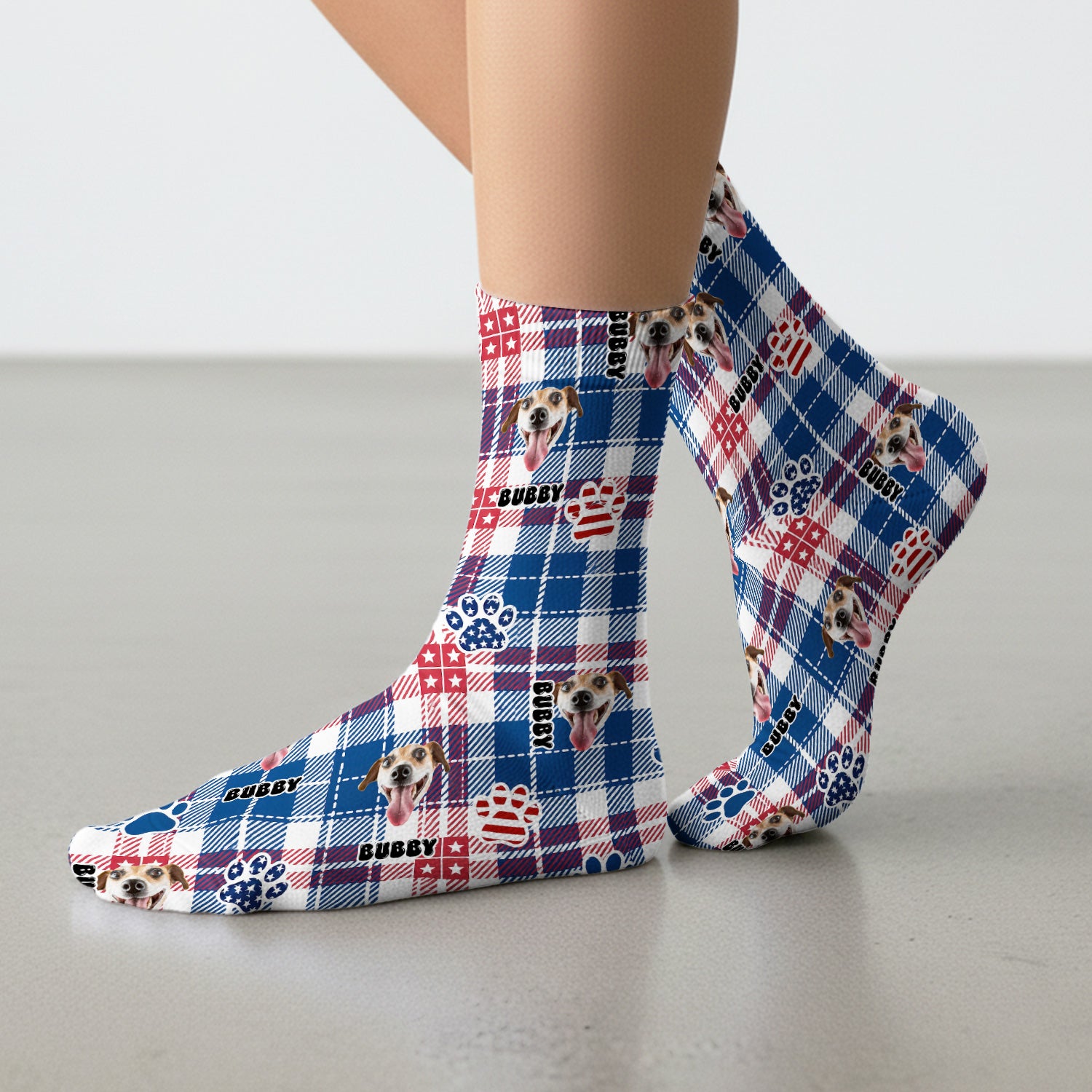 Custom Dog Face Sock, Patriotic Dog Plaid Pattern, Adult Socks for Men and Women