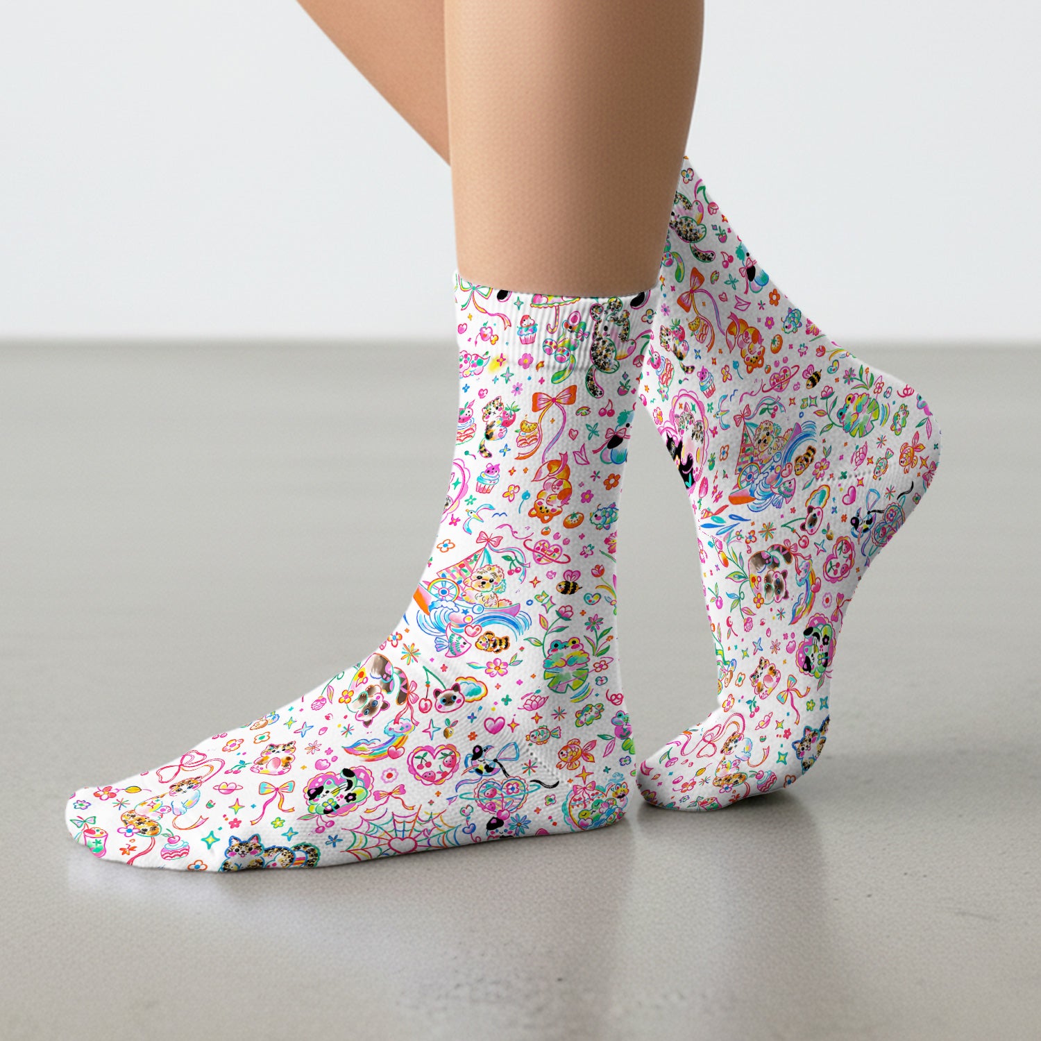 Colorful Kawaii Cat Heart Doodle Pattern Socks, Adult Socks for Men and Women