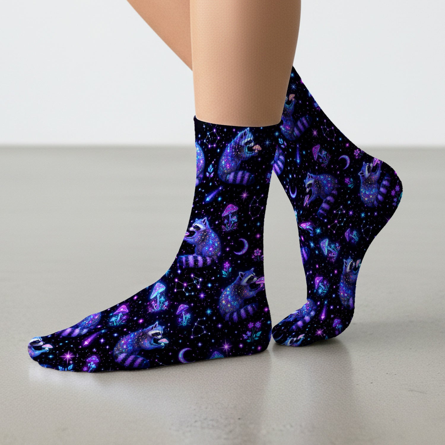 Galaxy Raccoon With Mushroom Night Socks, Adult Socks for Men and Women