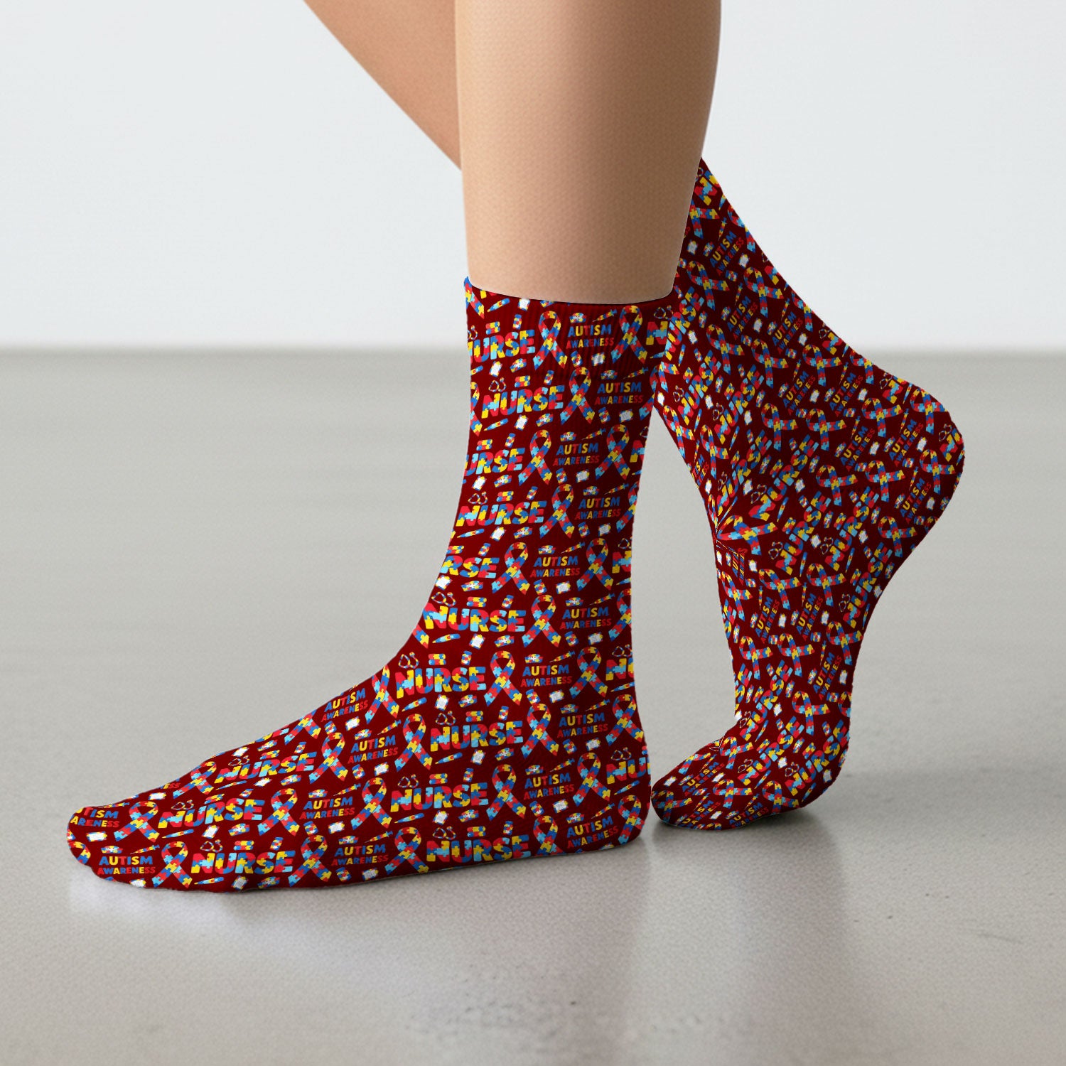 Autism Awareness Nurse Puzzle Ribbon Print Socks, Breathable Fabrics Medical Uniform