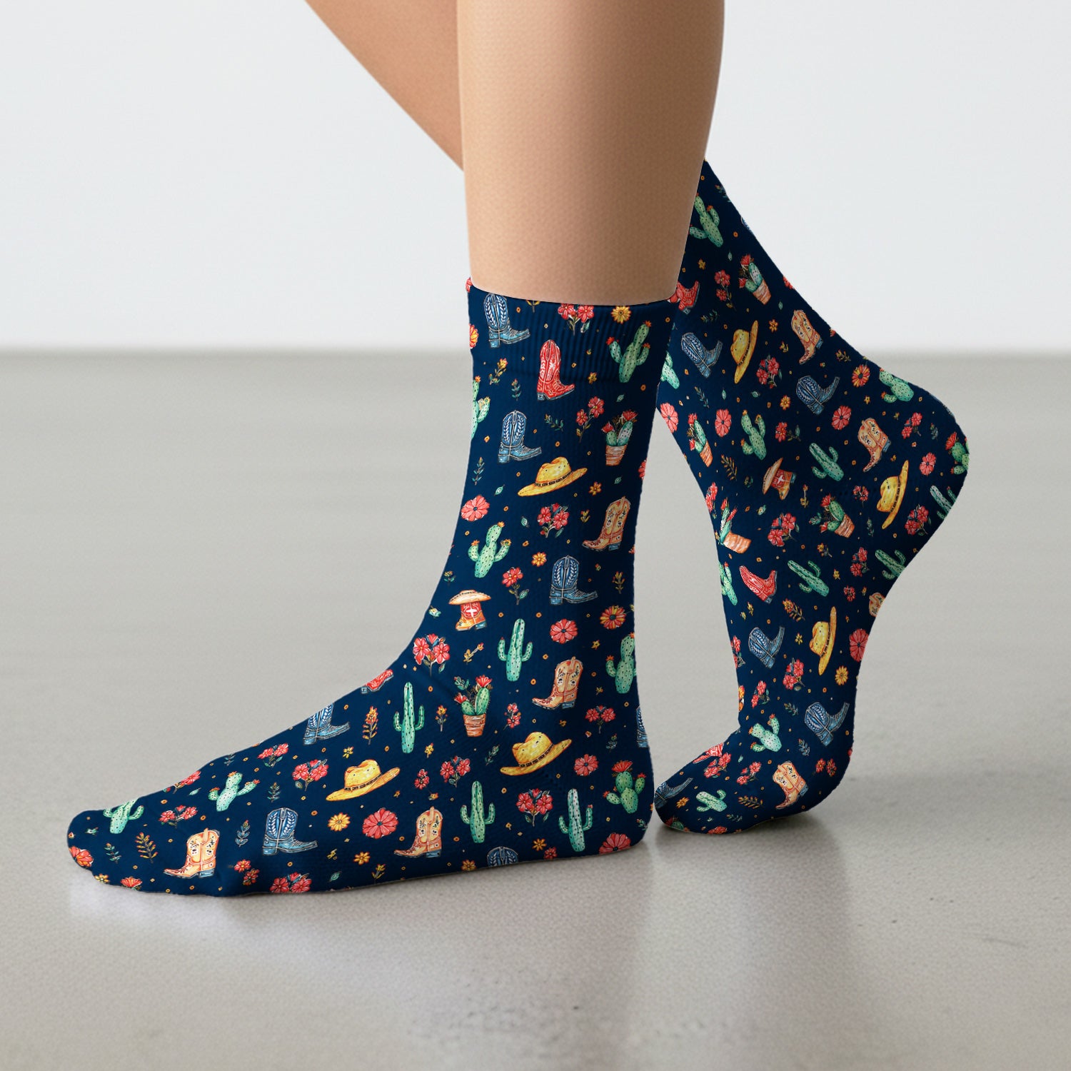 Whimsical Western Cactus Boots Pattern Socks, Breathable Fabrics Medical Uniform