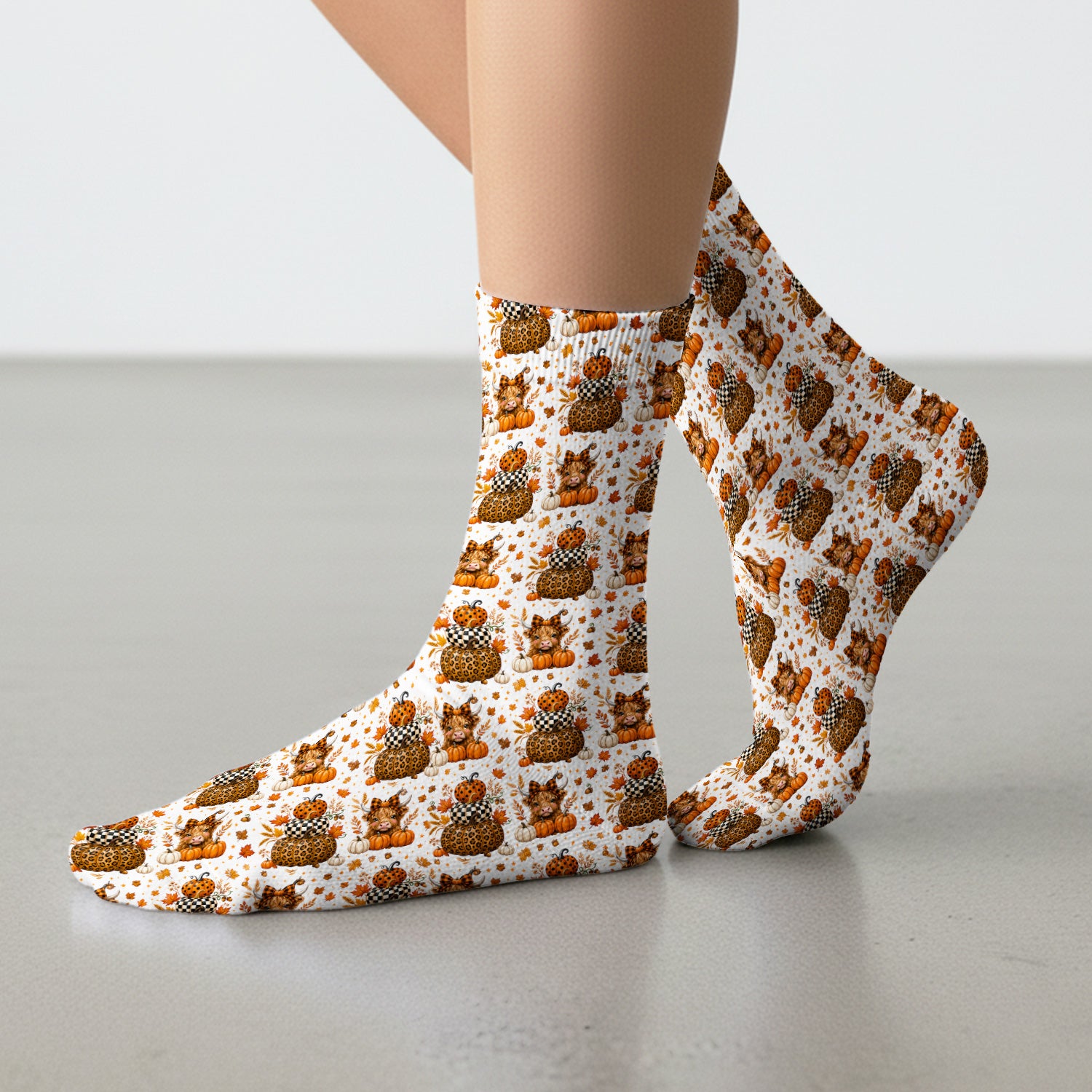 Fall Highland Cow Pattern Socks, Adult Socks for Men and Women