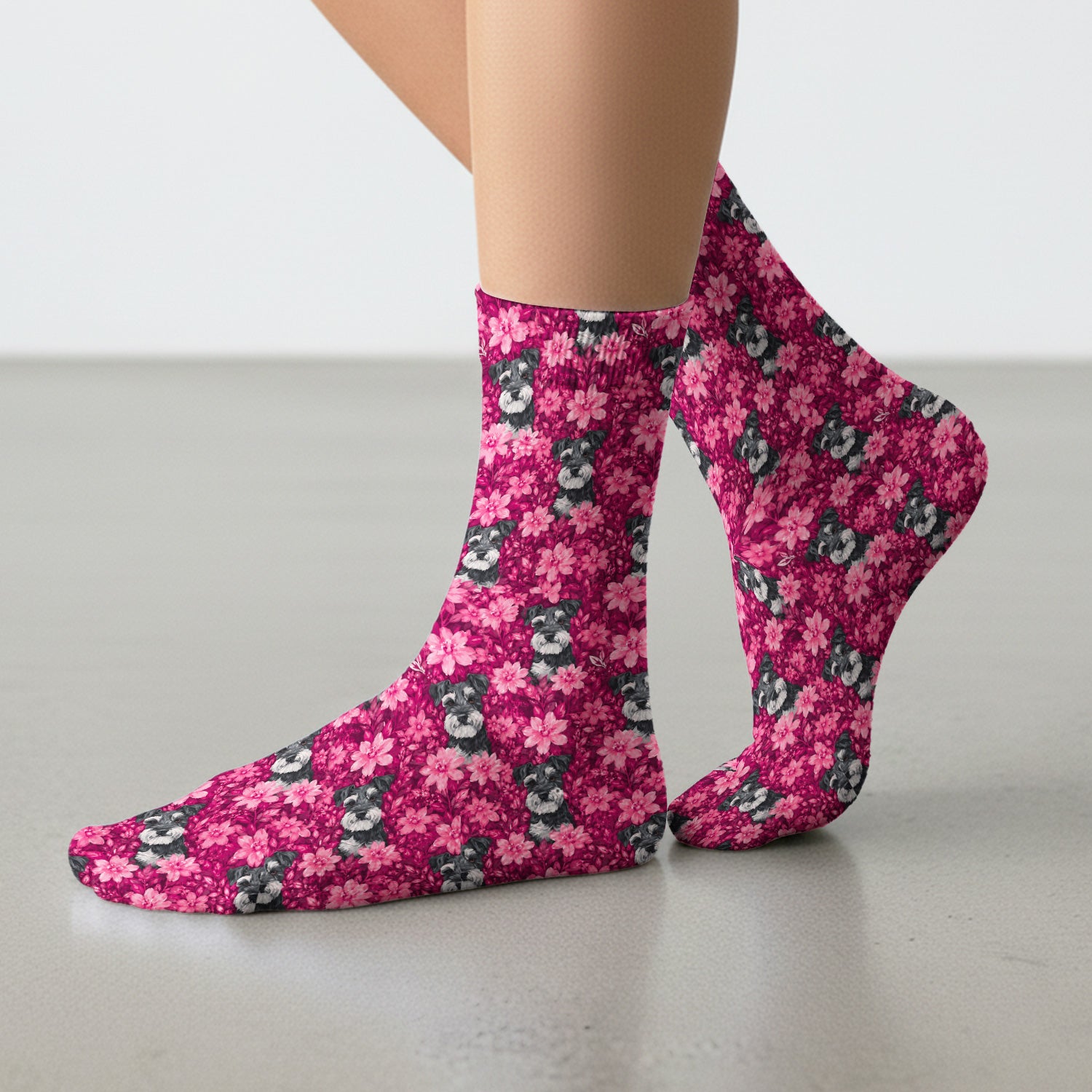 Pink Floral Schnauzer Pattern Socks, Adult Socks for Men and Women